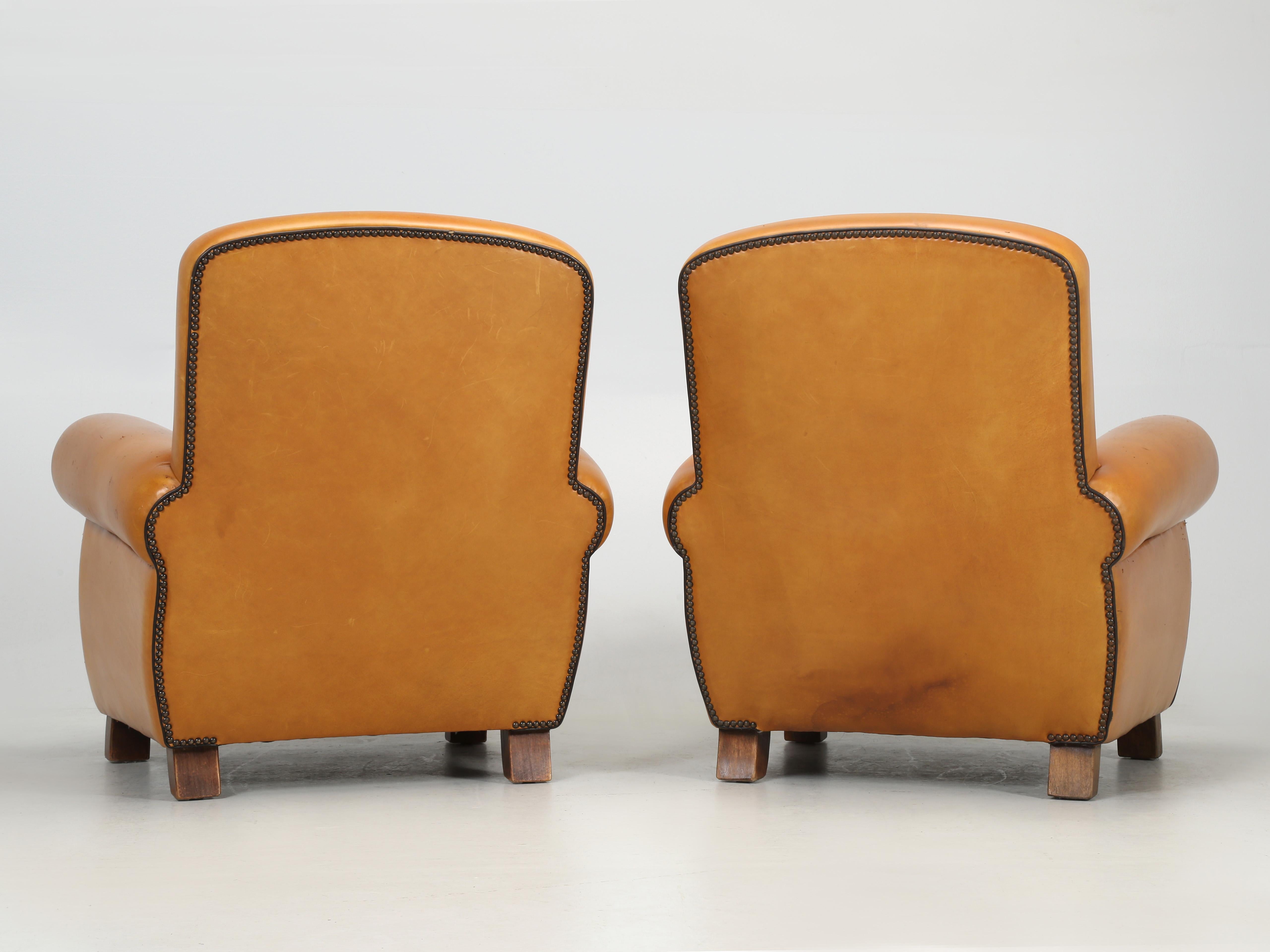 French Leather Club Chairs with Ottomans Restored Internally, Original Leather 8