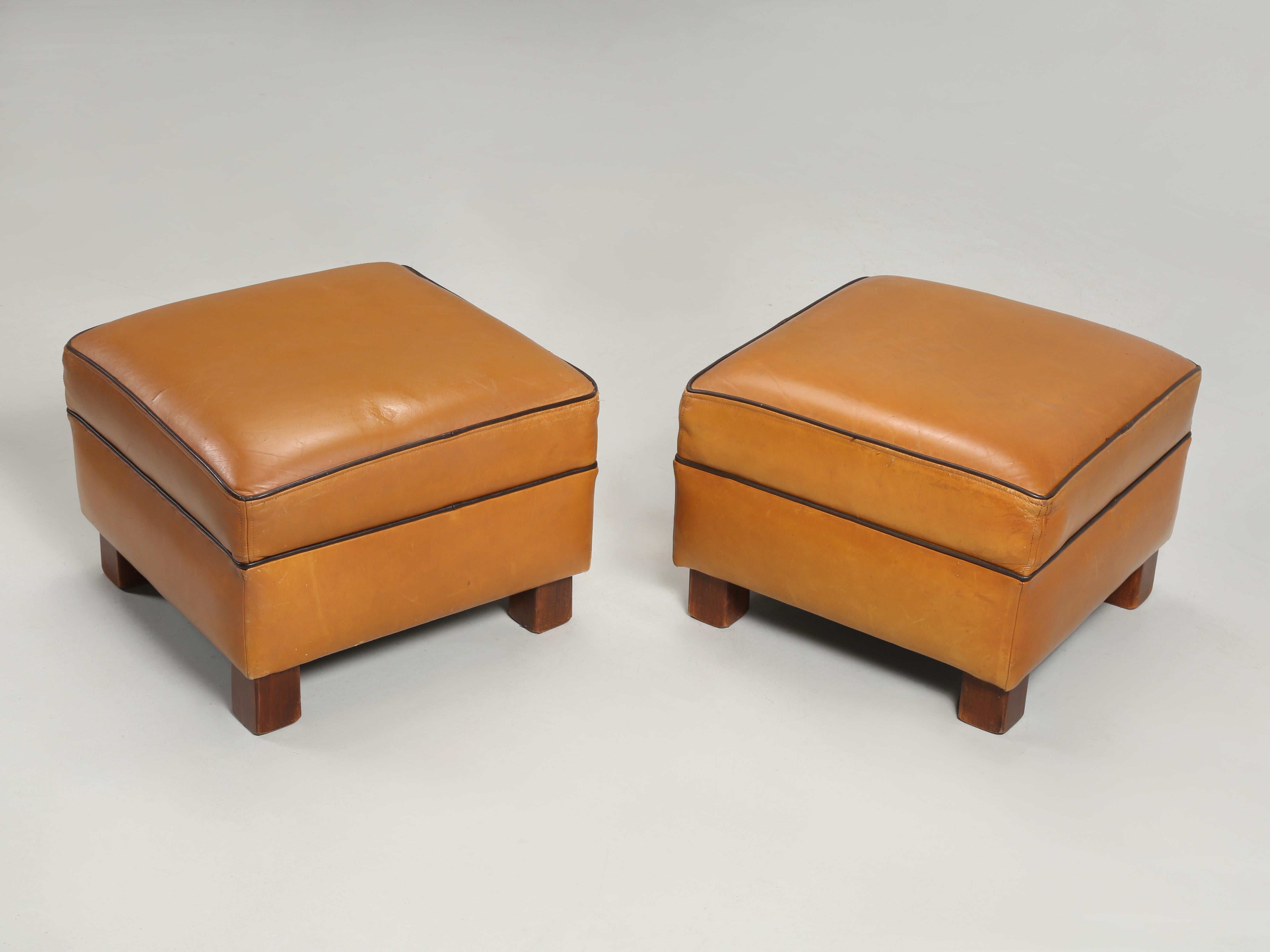 French Leather Club Chairs with Ottomans Restored Internally, Original Leather 9