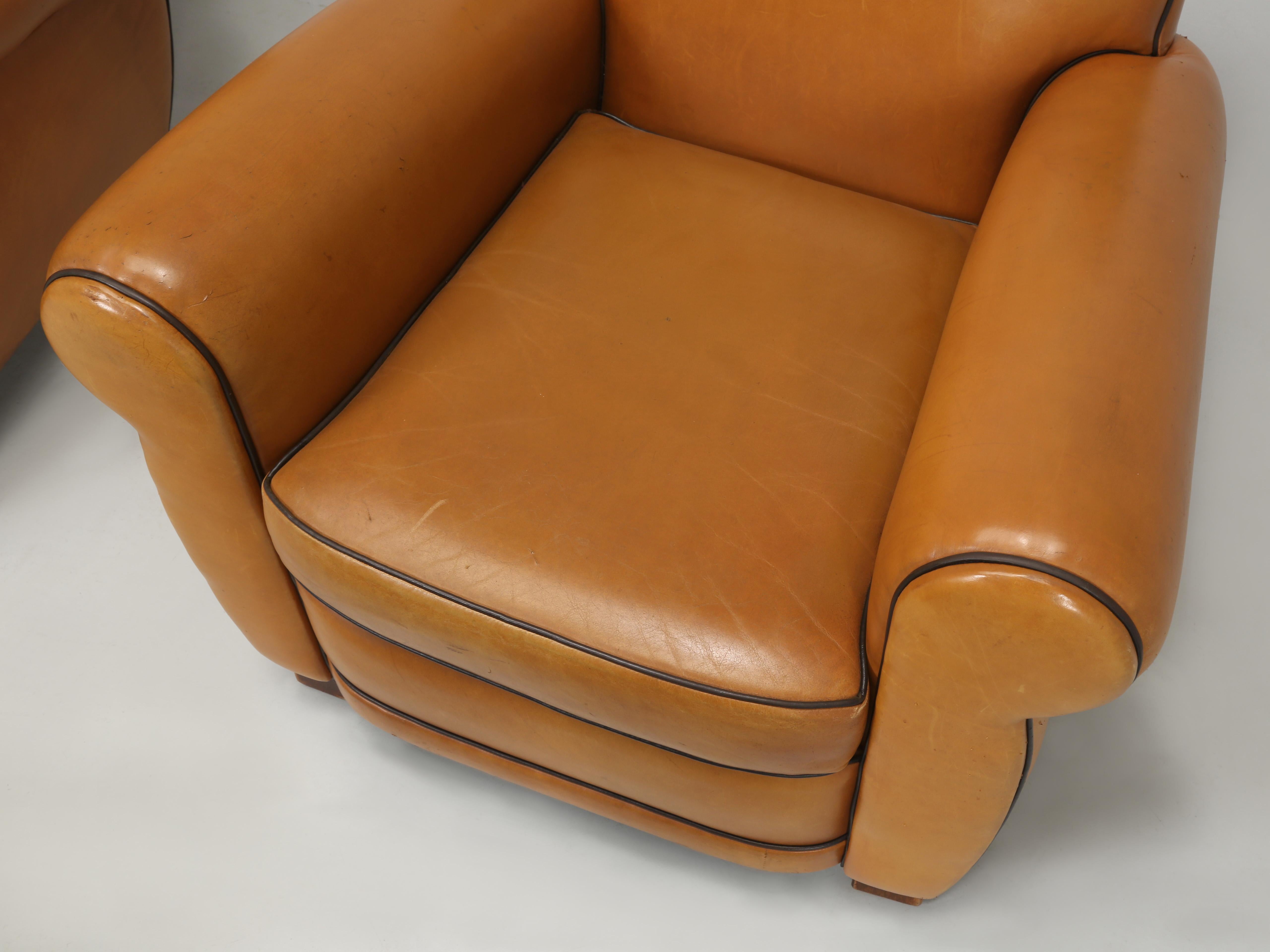 Art Deco French Leather Club Chairs with Ottomans Restored Internally, Original Leather