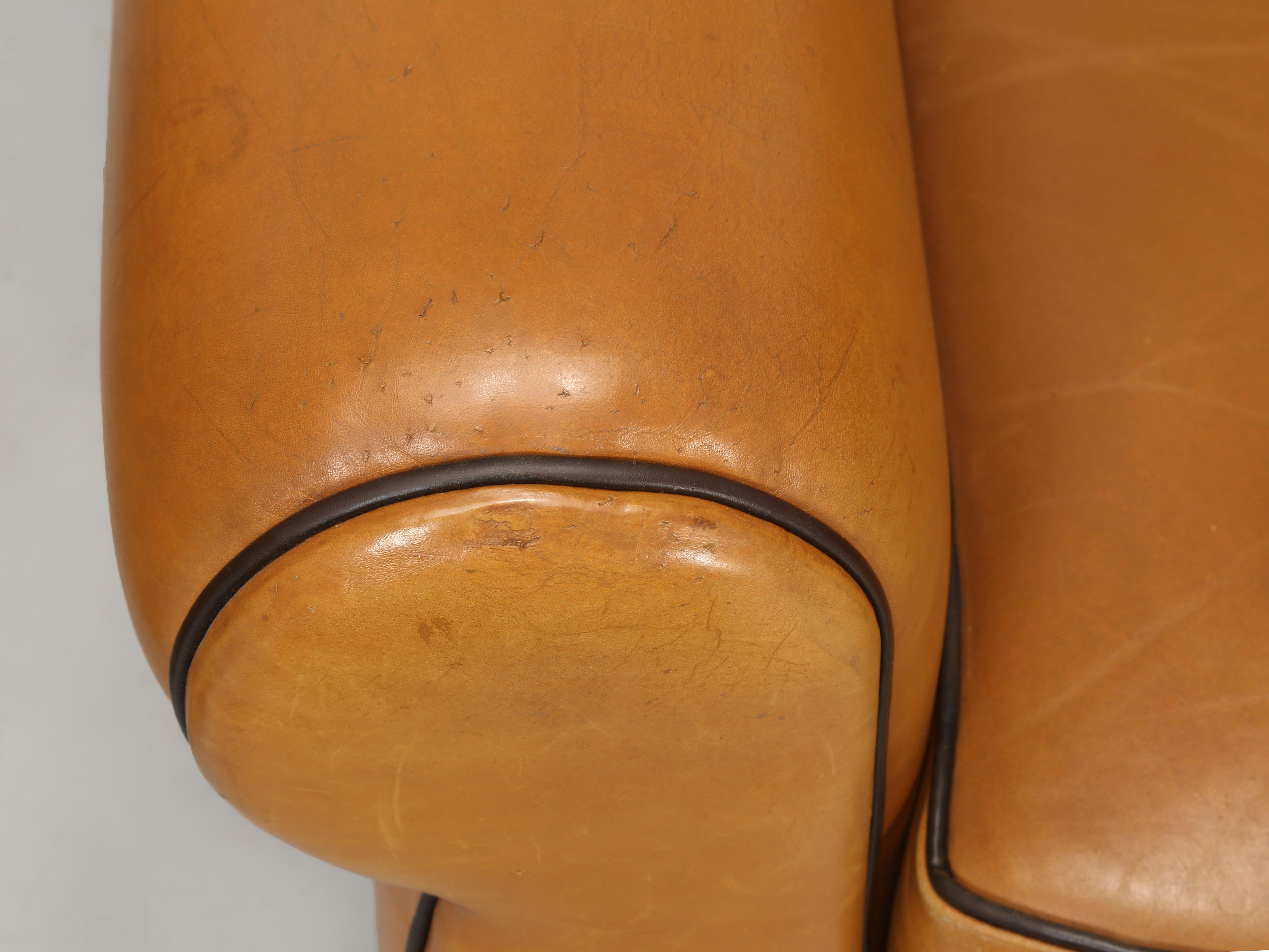 Mid-20th Century French Leather Club Chairs with Ottomans Restored Internally, Original Leather