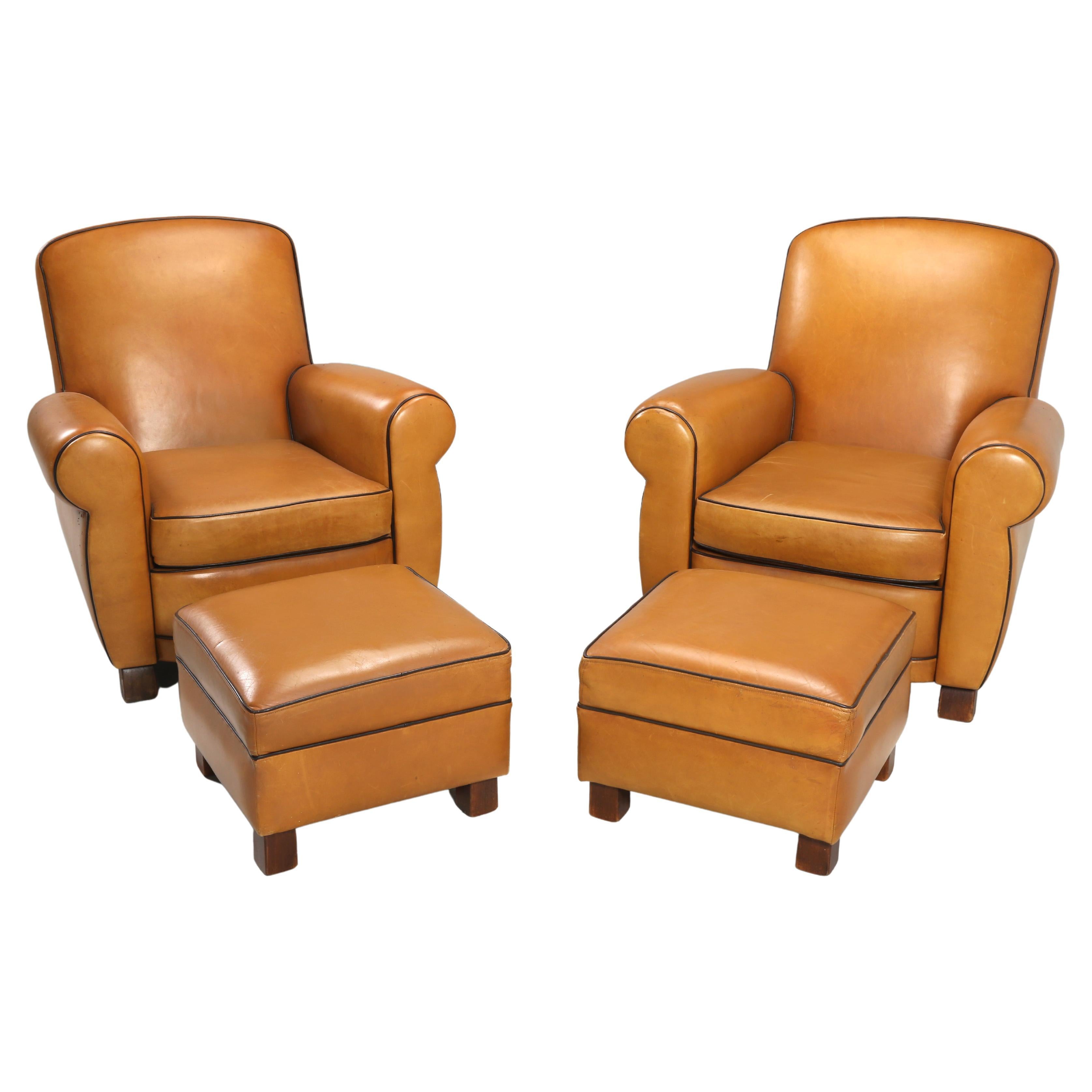 French Leather Club Chairs with Ottomans Restored Internally, Original Leather