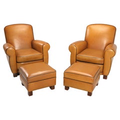 French Leather Club Chairs with Ottomans Restored Internally, Original Leather