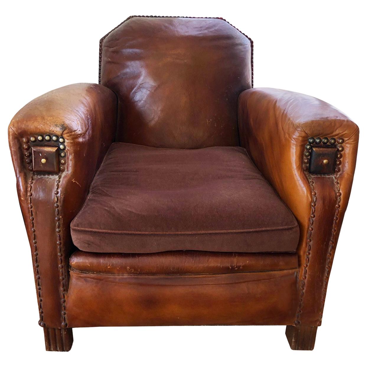 French Leather Club Lounge Chair from 1940s