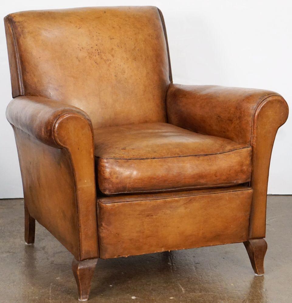 French Leather Club or Lounge Chair from the Art Deco Era In Good Condition For Sale In Austin, TX