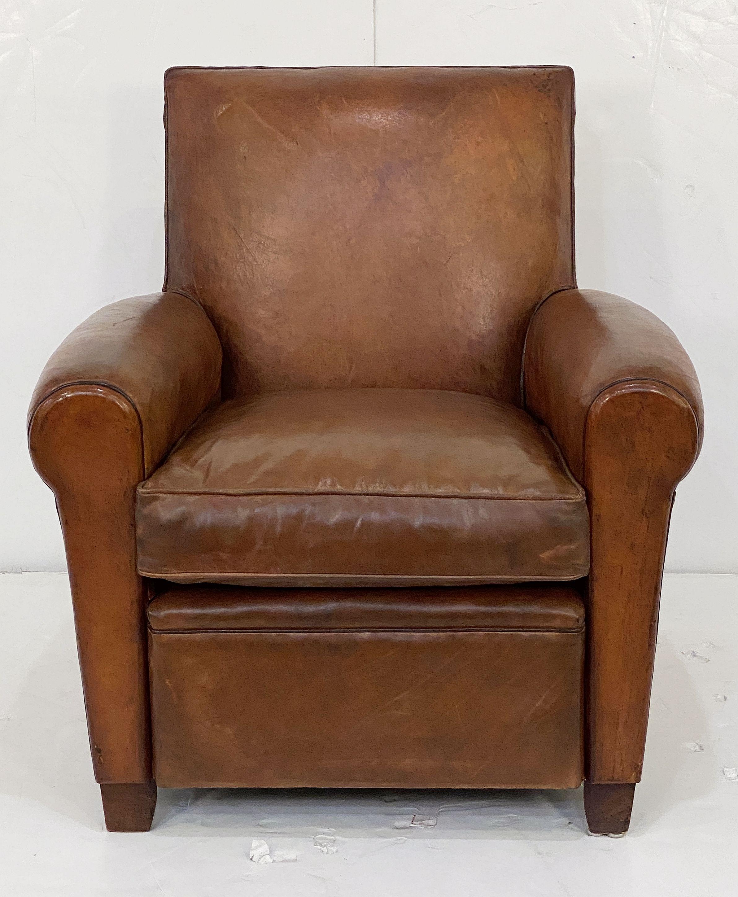 French Leather Club or Lounge Chairs from the Art Deco Era - Two Available In Good Condition In Austin, TX