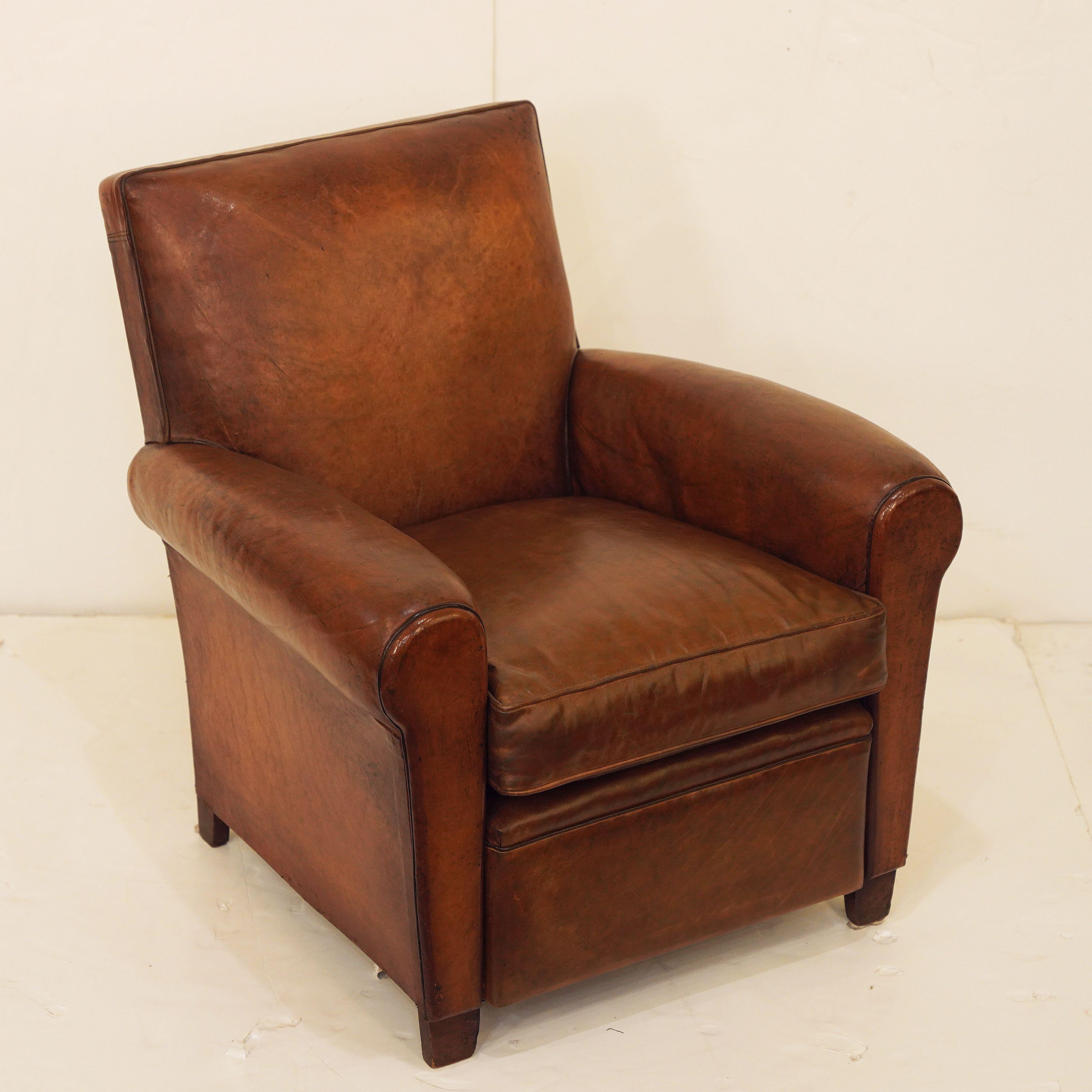 French Leather Club or Lounge Chairs from the Art Deco Era - Two Available In Good Condition In Austin, TX