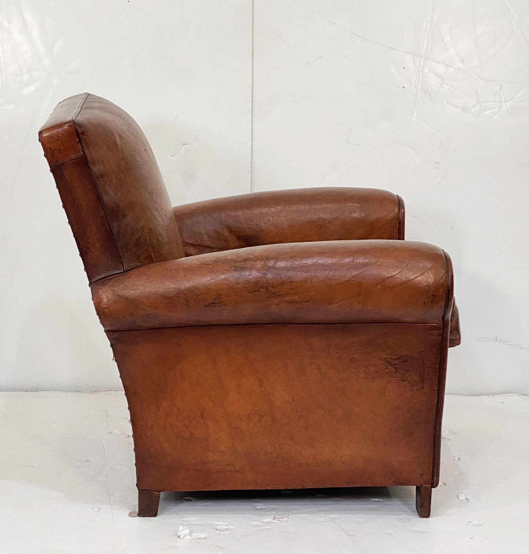 20th Century French Leather Club or Lounge Chairs from the Art Deco Era - Two Available