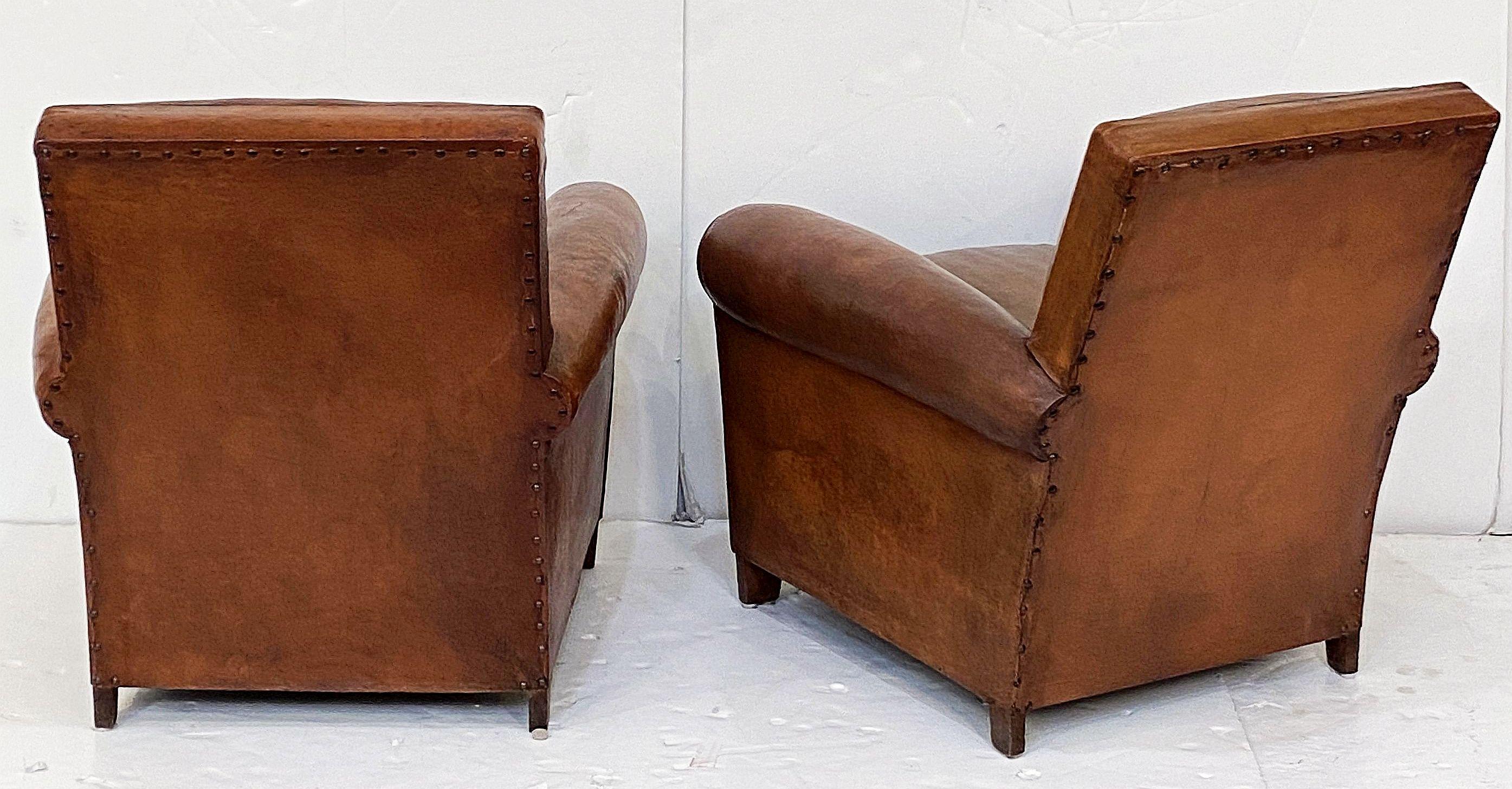 Metal French Leather Club or Lounge Chairs from the Art Deco Era - Two Available