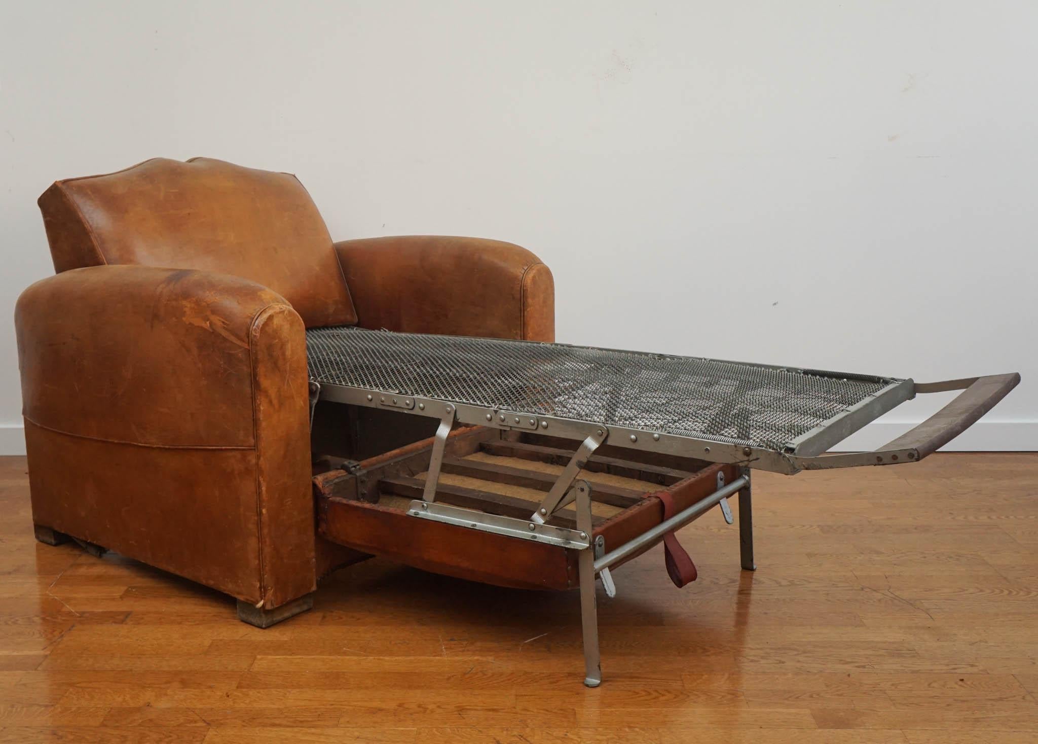 Art Deco French Leather Convertible Lounge Chair by Erton For Sale