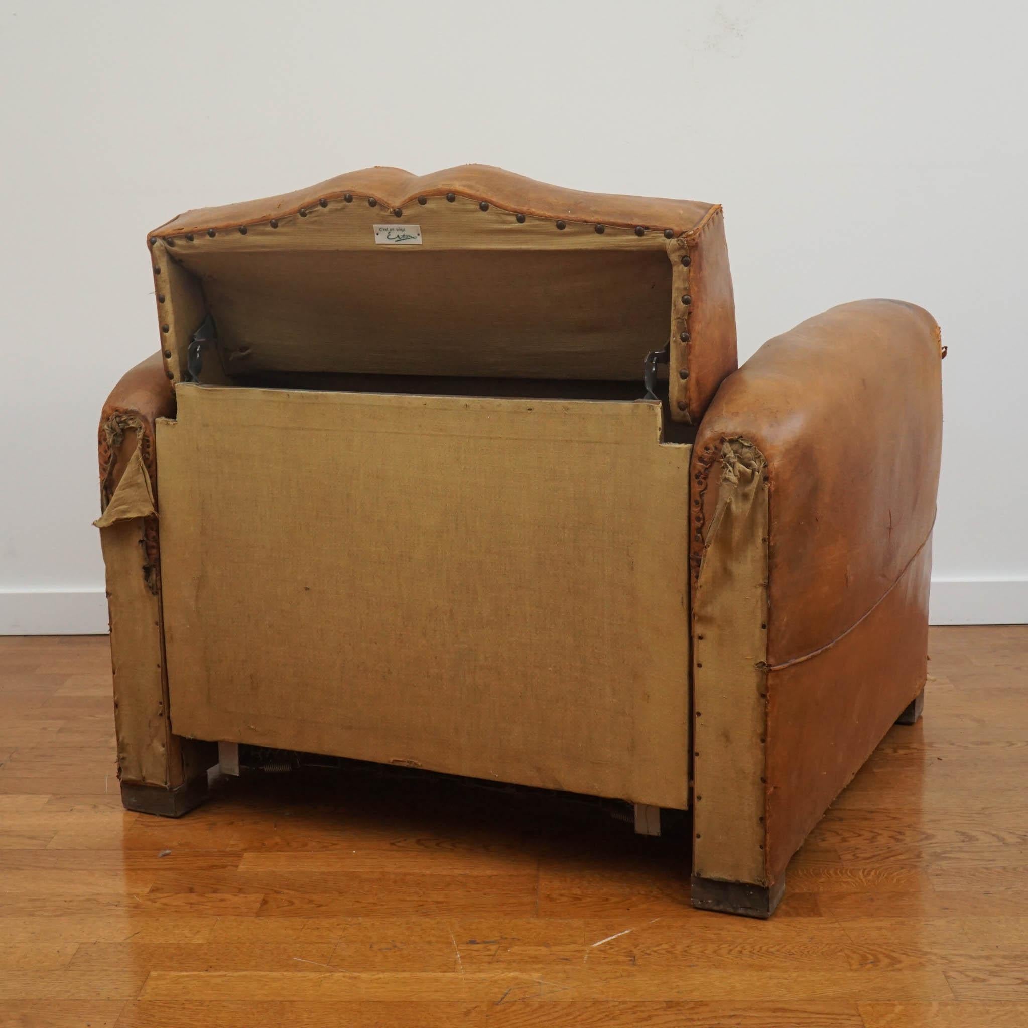 Steel French Leather Convertible Lounge Chair by Erton For Sale