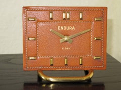French Leather Desk Clock in the Style of Adnet