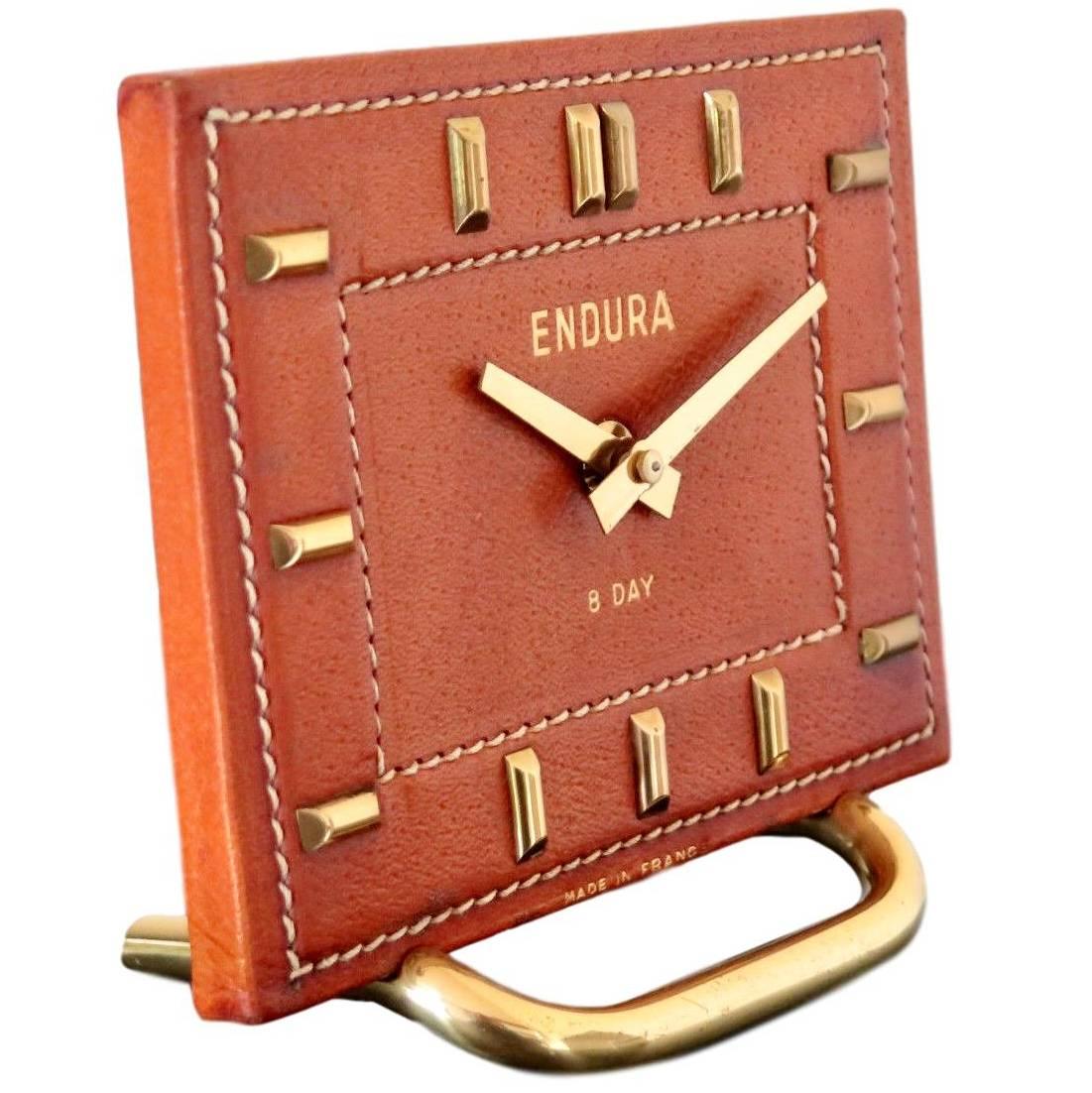 French Leather Desk Clock in the Style of Adnet