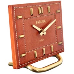 French Leather Desk Clock in the Style of Adnet