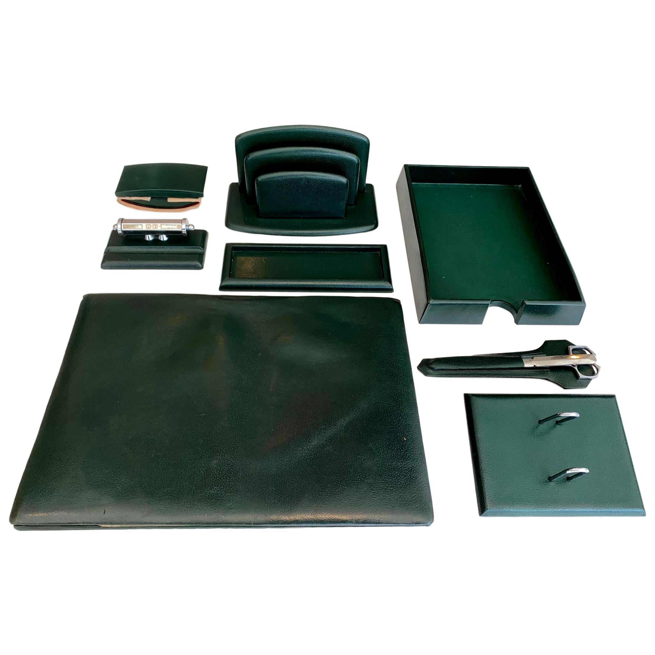 French Leather Desk Set By Le Tanneur, Green Leather Desk Pad