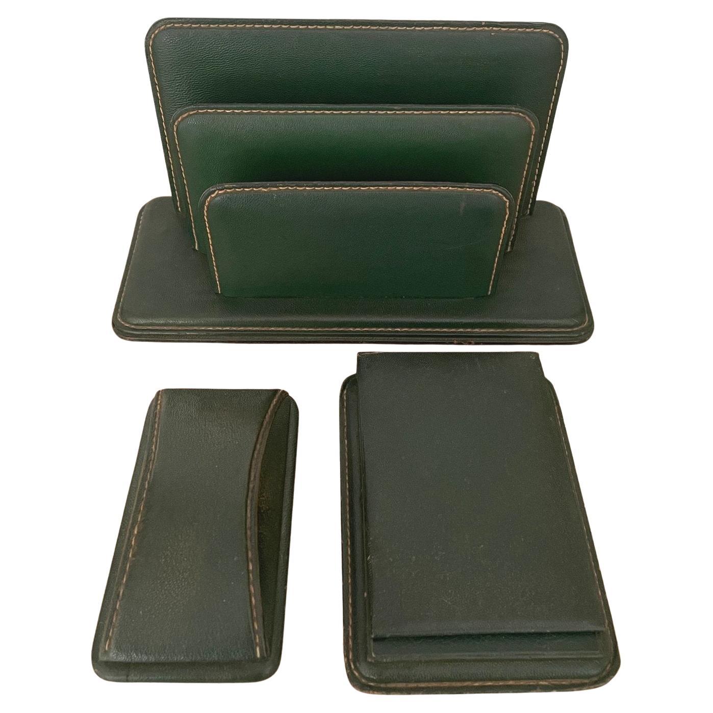 French Leather Desk Set in the Style of Jacques Adnet For Sale