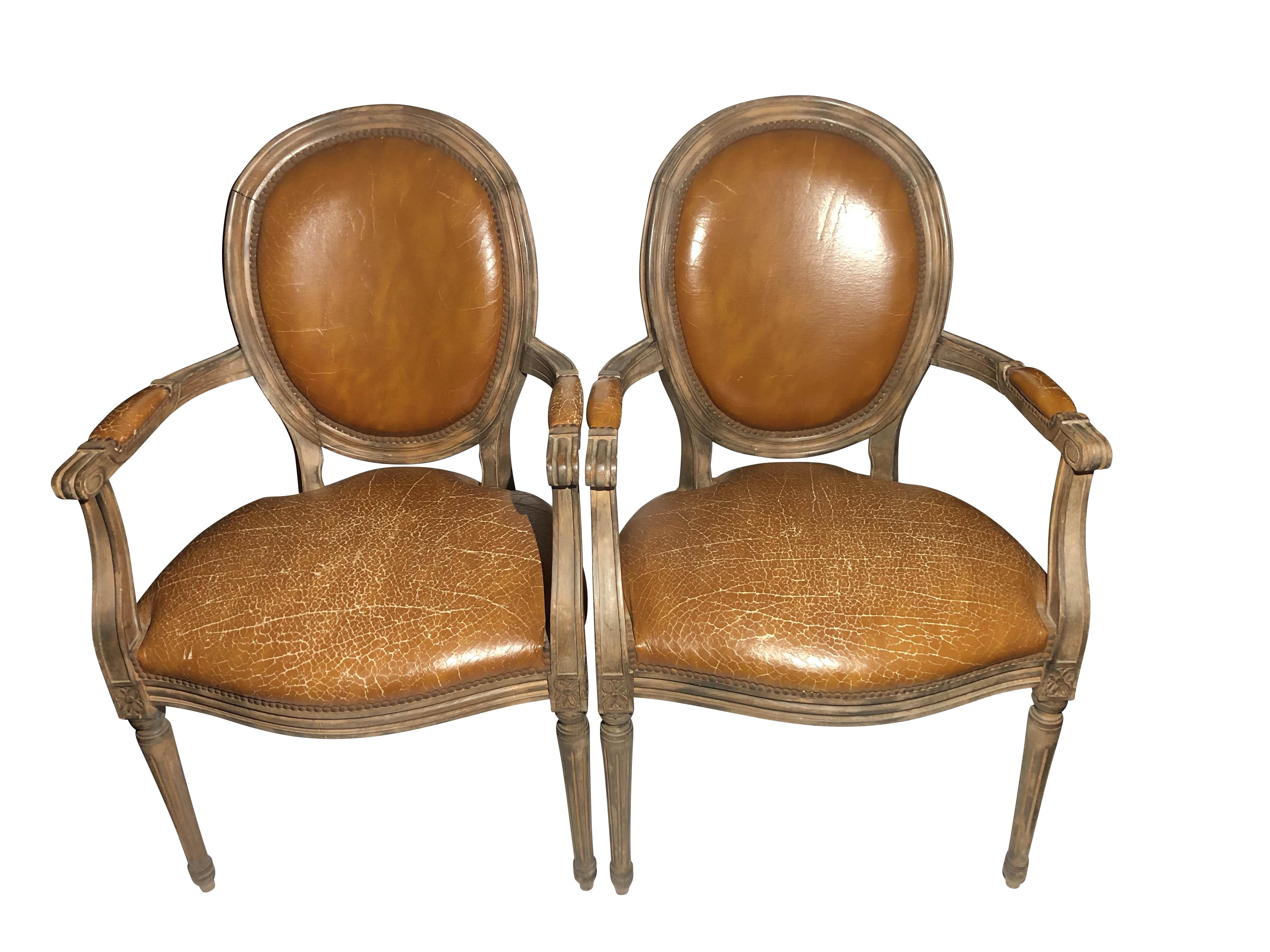 American Ralph Lauren Style French Leather Distressed Louis XVI Pair of Chairs 
