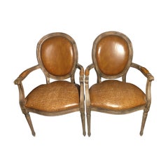 Ralph Lauren Style French Leather Distressed Louis XVI Pair of Chairs