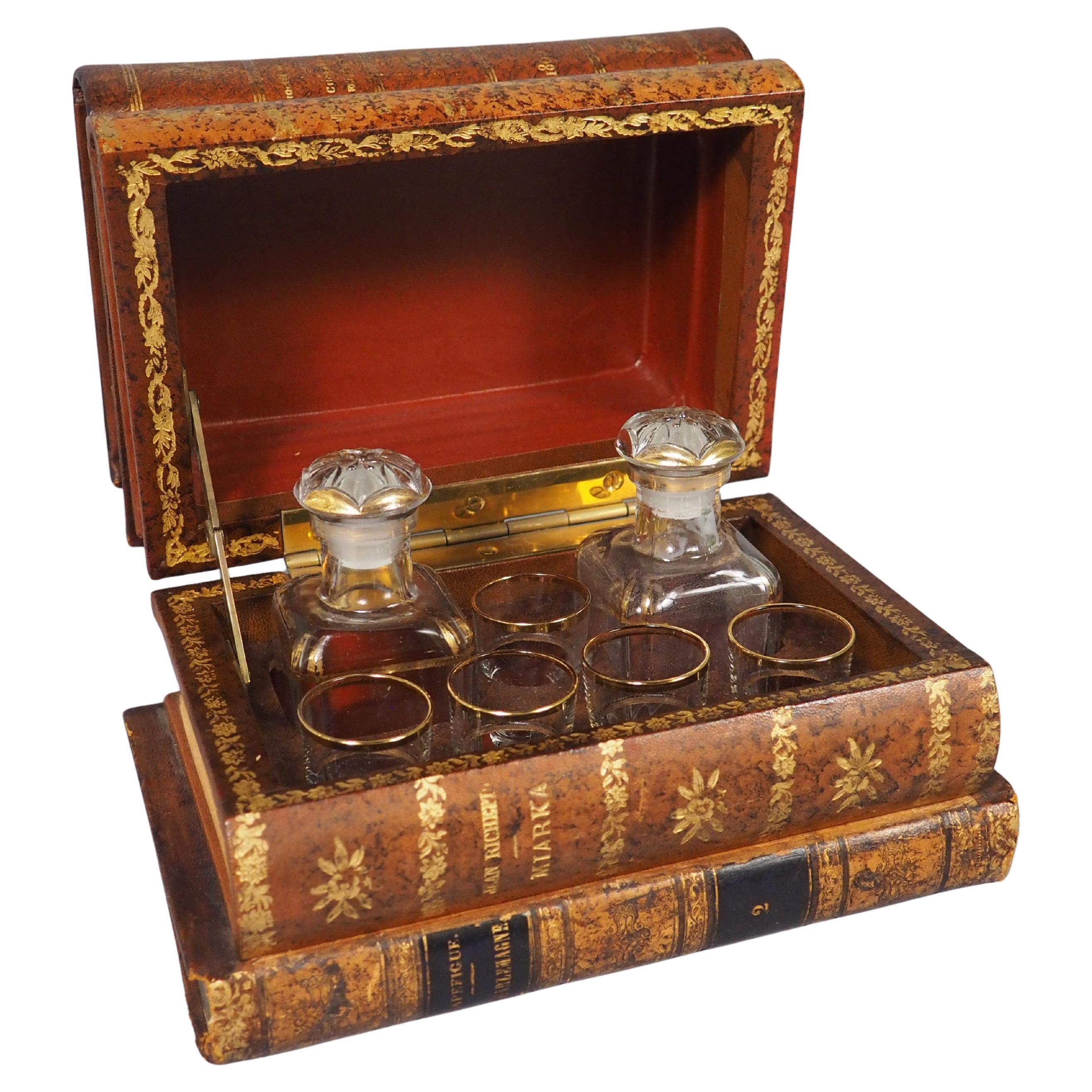 French Leather Faux Book Stack Cave a Liqueur, Circa 1900