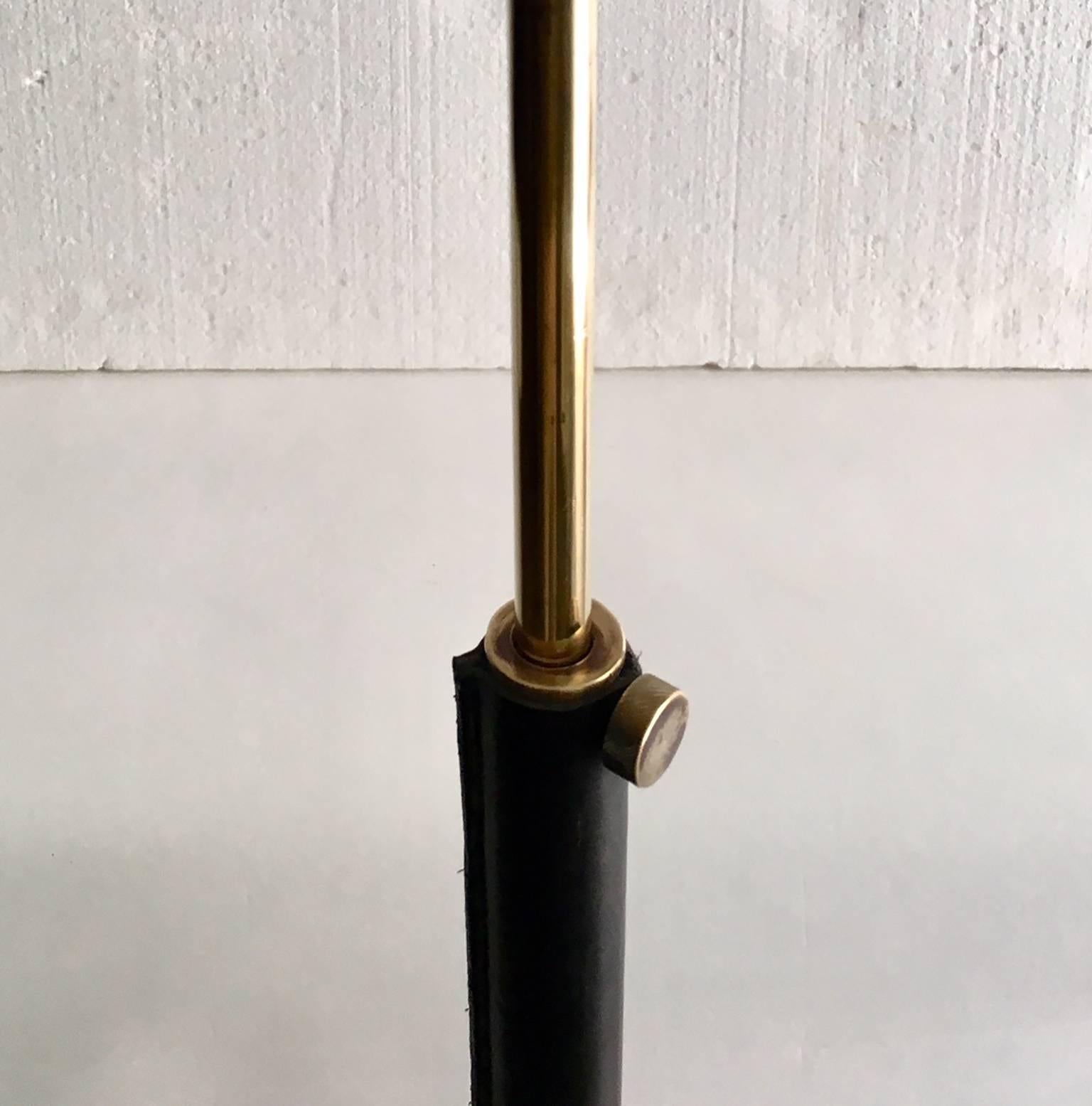 Brass Mid Century French Leather Floor Lamp, Jacques Adnet Style