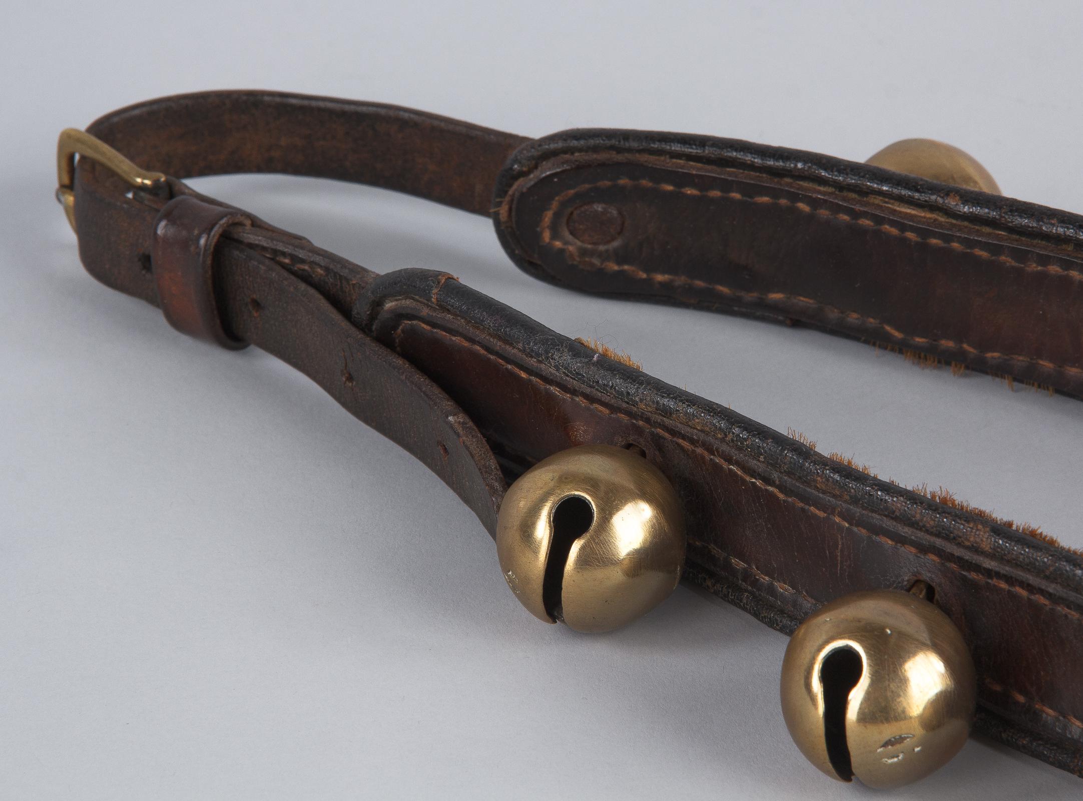19th Century French Leather Horse Necklace with Brass Sleigh Bells
