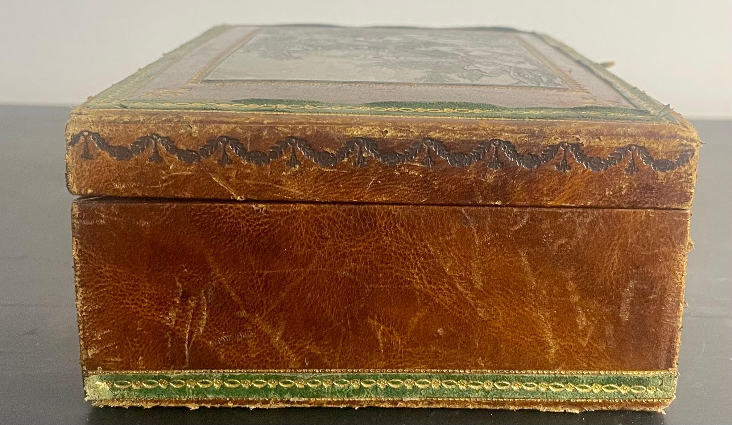Französisches Lederschmuckkästchen mit Intarsien und geätzter Plakette aus Leder – Frankreich – Louis XVI.-Stil im Angebot 6