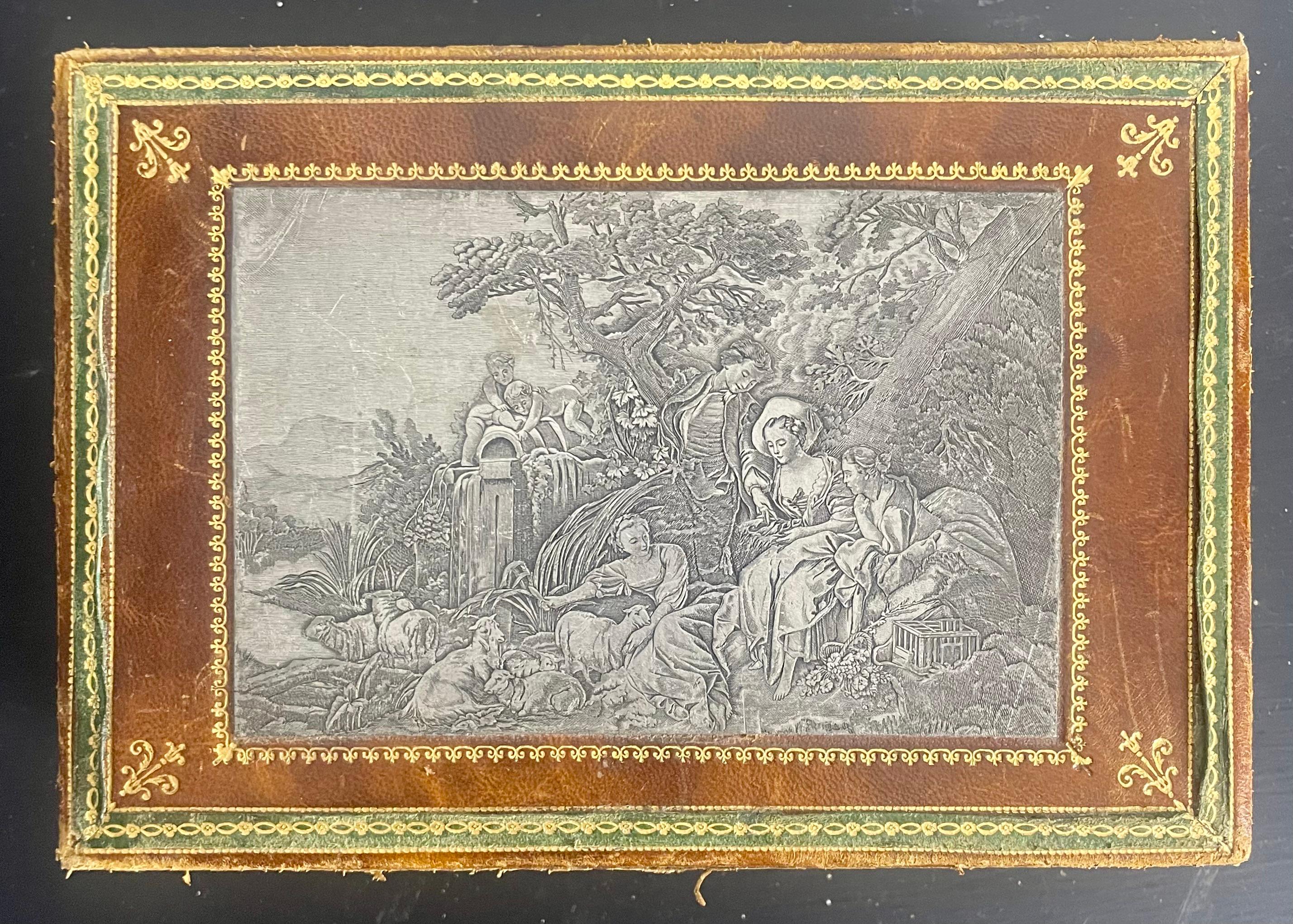 Cuir Boîte à bijoux en cuir français avec plaque incrustée et gravée - France - style Louis XVI en vente