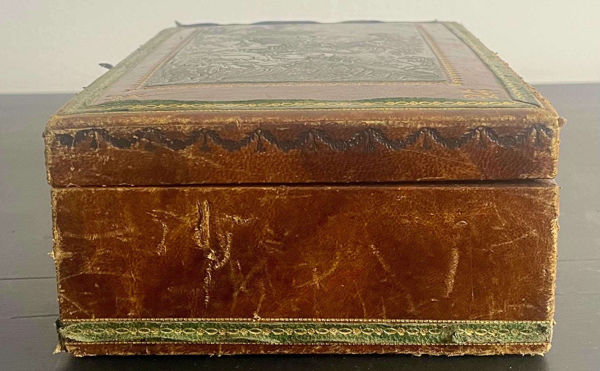 Boîte à bijoux en cuir français avec plaque incrustée et gravée - France - style Louis XVI en vente 3