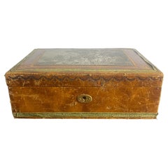 French Leather jewelry box with inlaid etched plaque - France - Louis XVI style