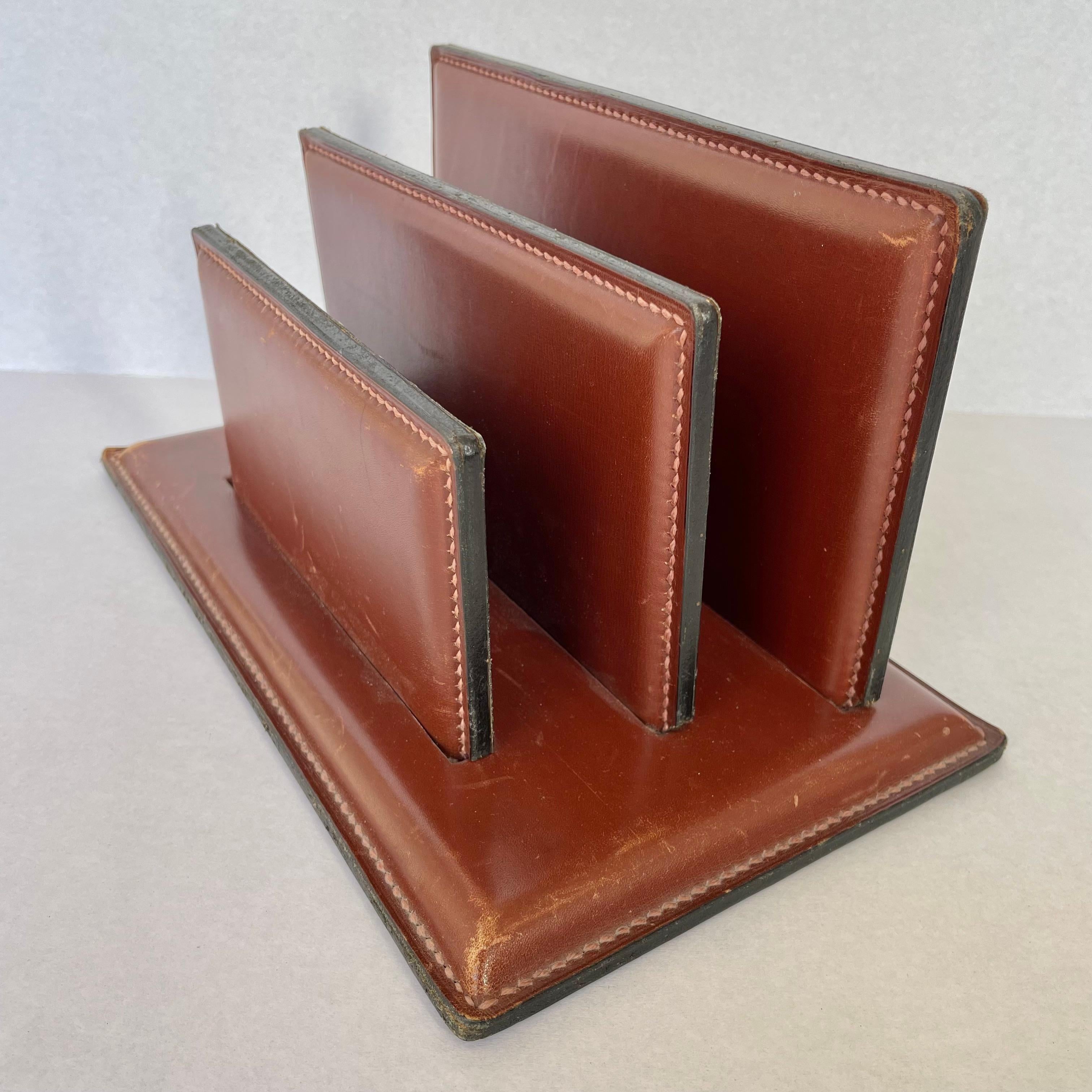 Mid-20th Century French Leather Mail Holder in the style of Jacques Adnet