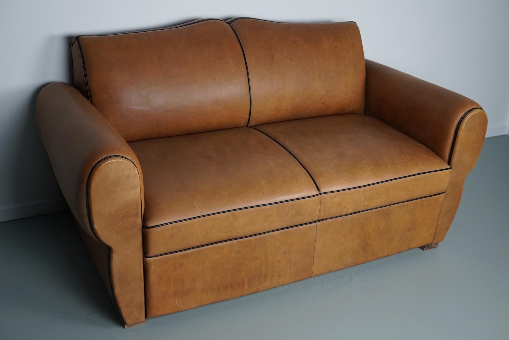 French Leather Moustache Back Club Sofa 2-Seater, Art Deco 1940's In Good Condition In Nijmegen, NL