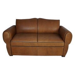 French Leather Moustache Back Club Sofa 2-Seater, Art Deco 1940's