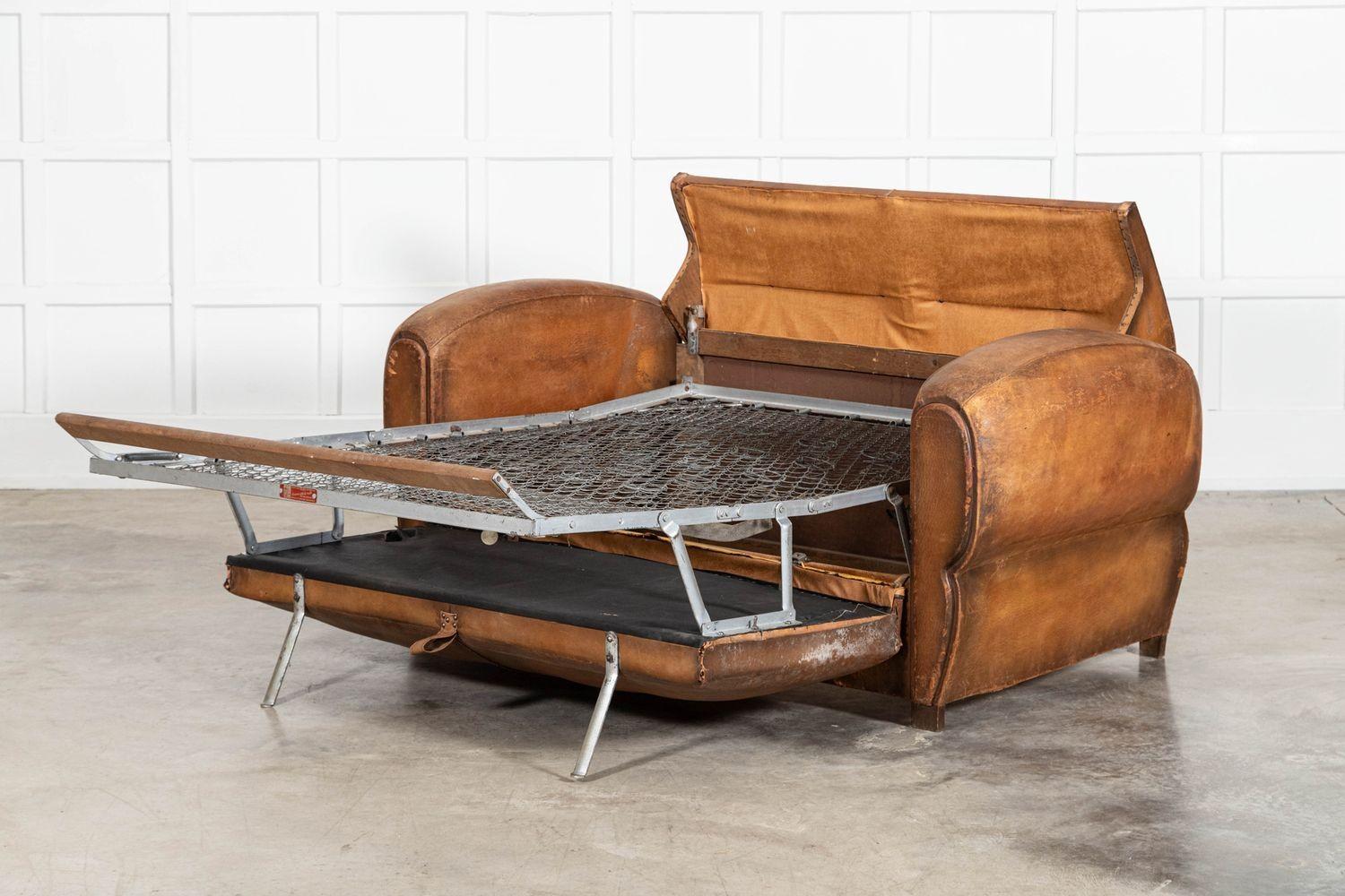 French Leather Moustache Back Club Sofa Bed For Sale 8