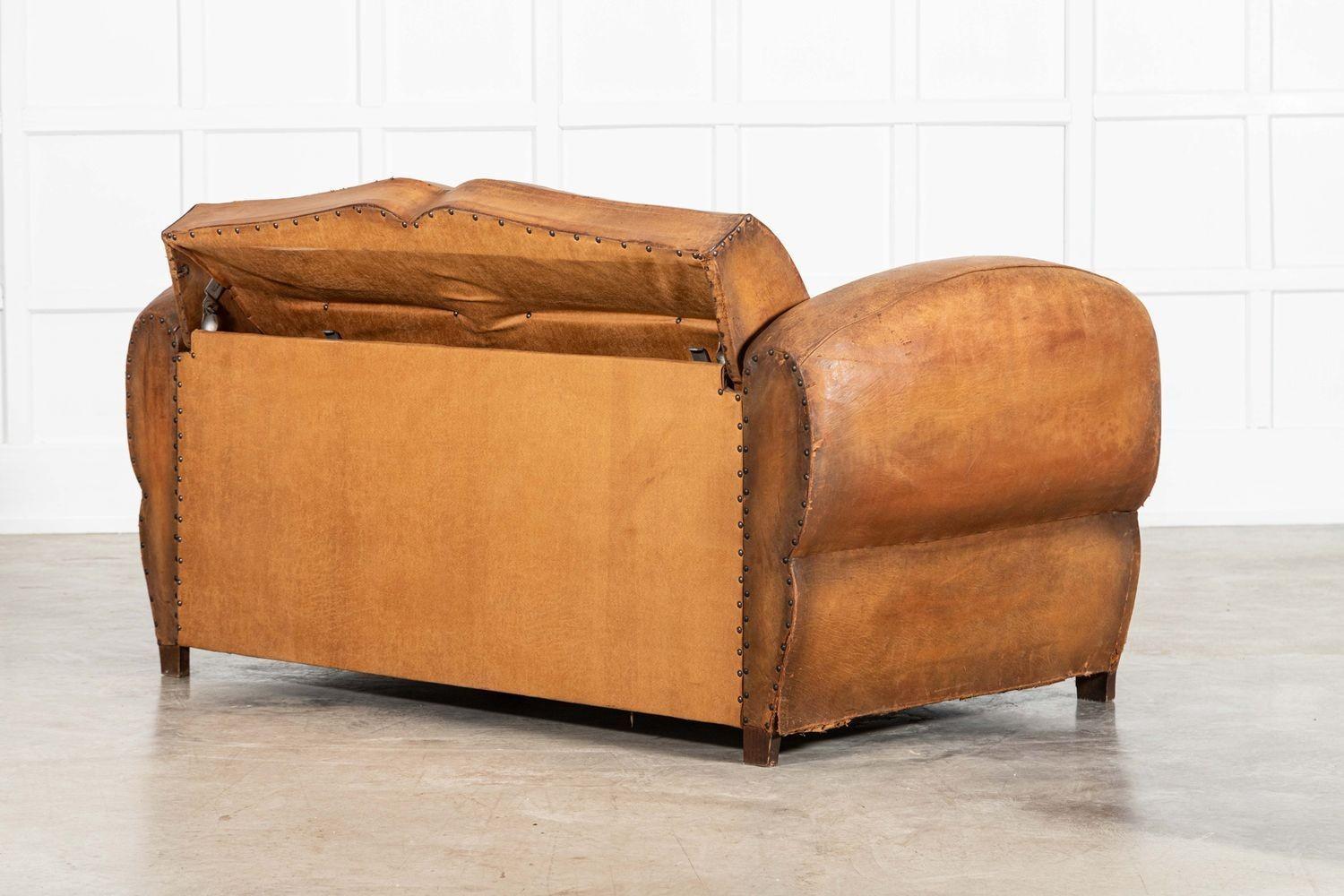 French Leather Moustache Back Club Sofa Bed For Sale 11