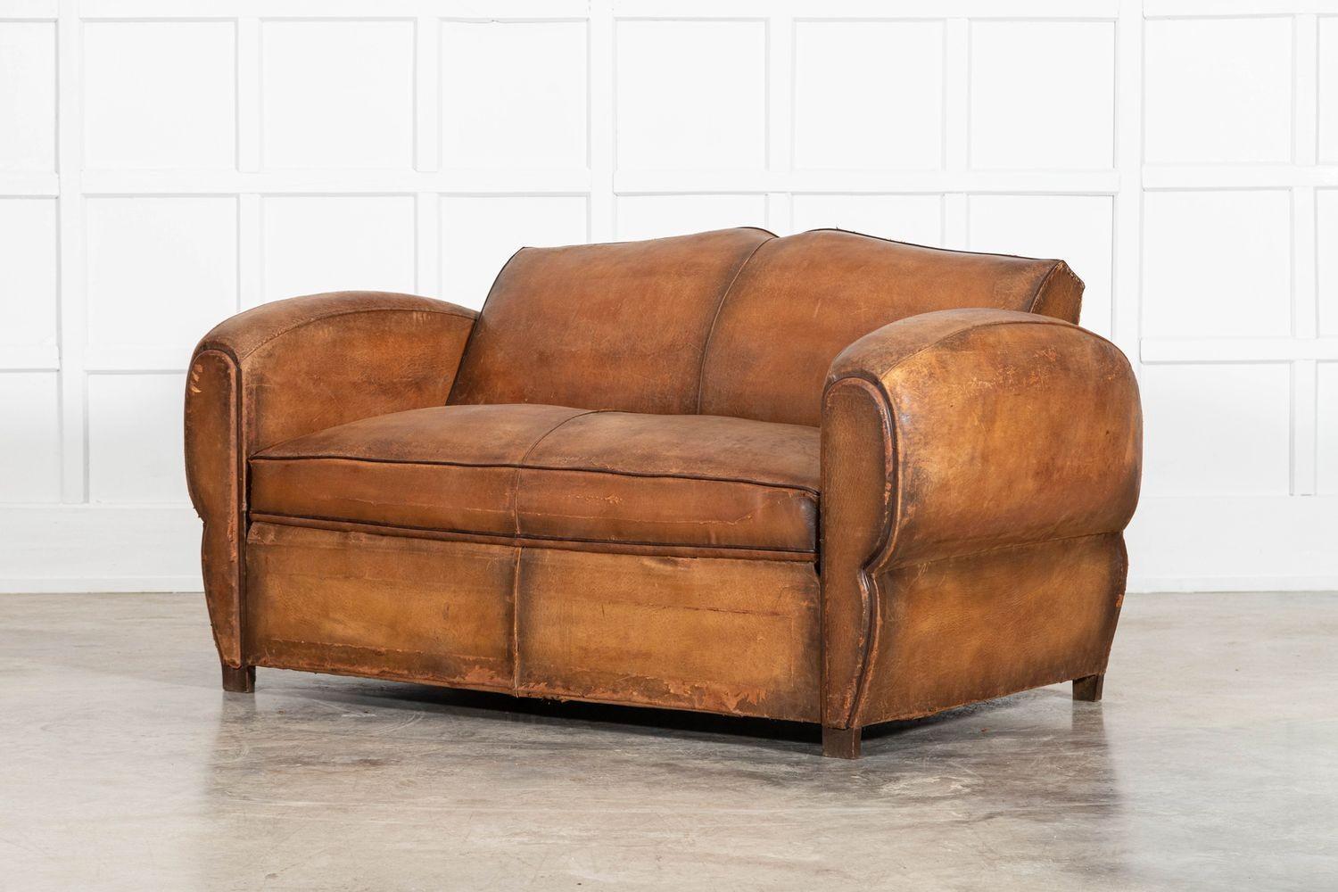 Mid-20th Century French Leather Moustache Back Club Sofa Bed For Sale
