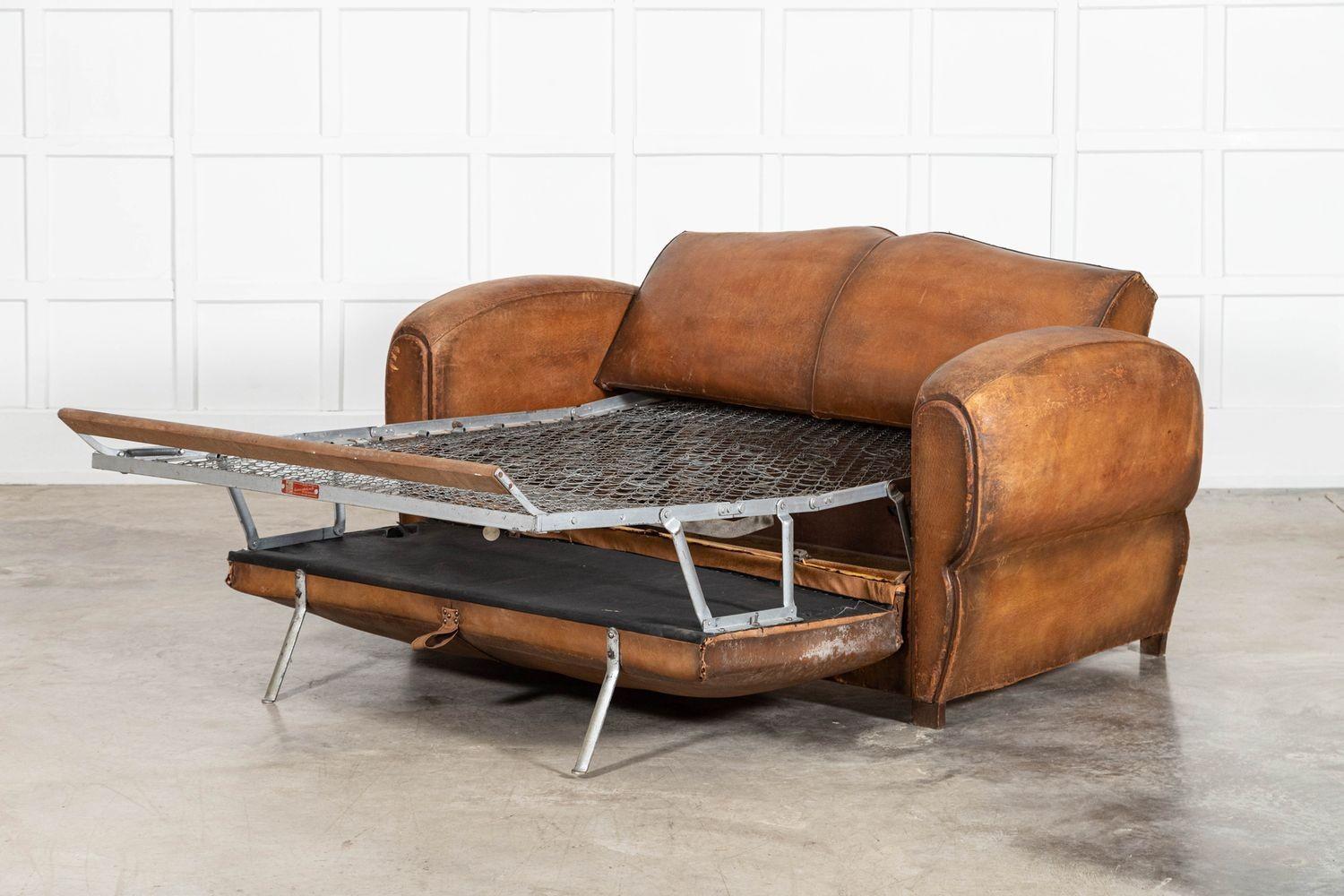 French Leather Moustache Back Club Sofa Bed For Sale 1