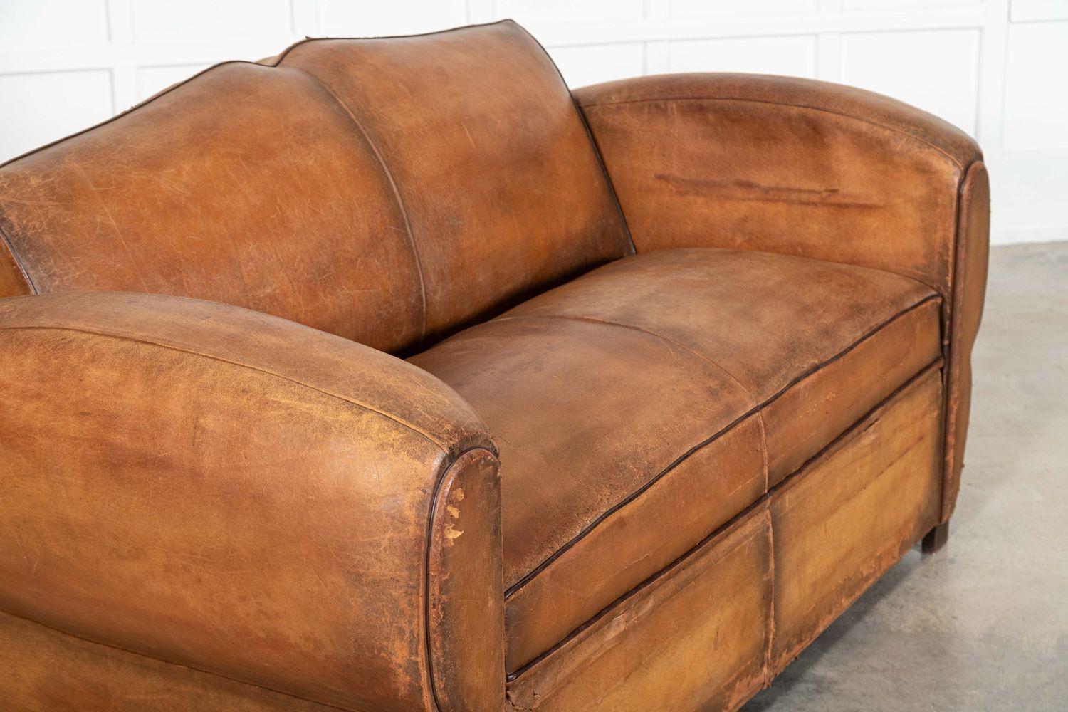 French Leather Moustache Back Club Sofa Bed For Sale 4