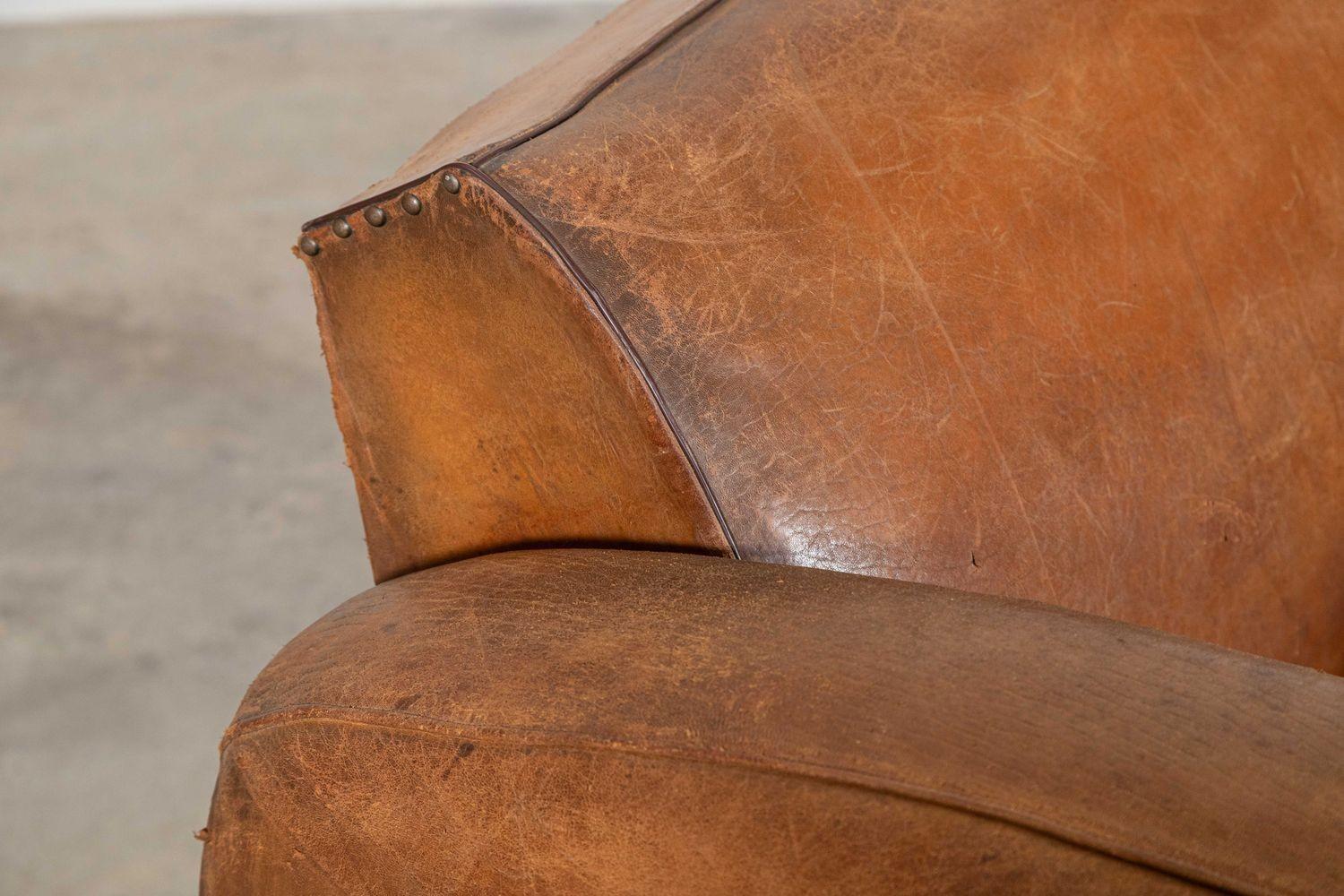 French Leather Moustache Back Club Sofa Bed For Sale 5