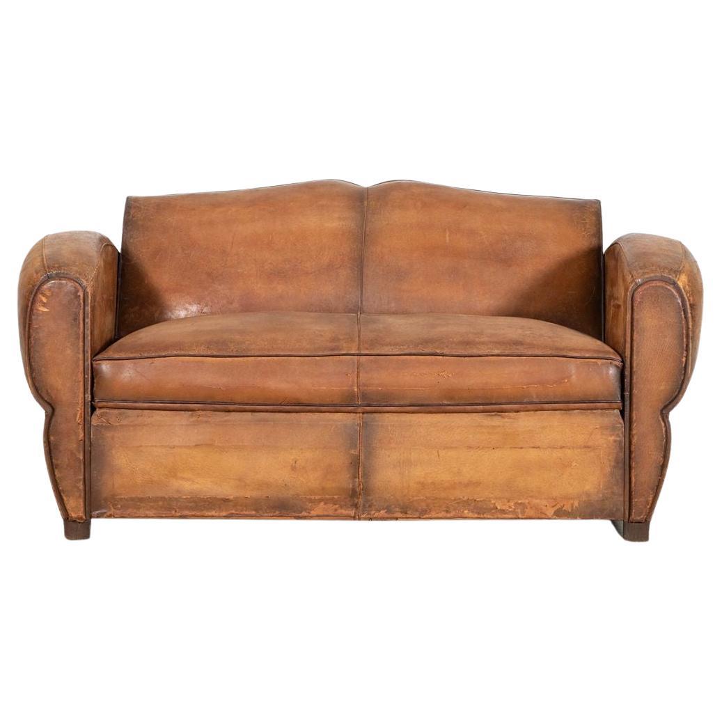 French Leather Moustache Back Club Sofa Bed For Sale