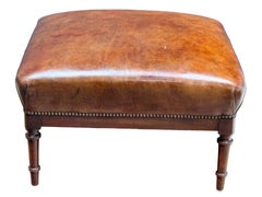 French Leather Ottoman Seat or Stool on Turned Walnut Frame