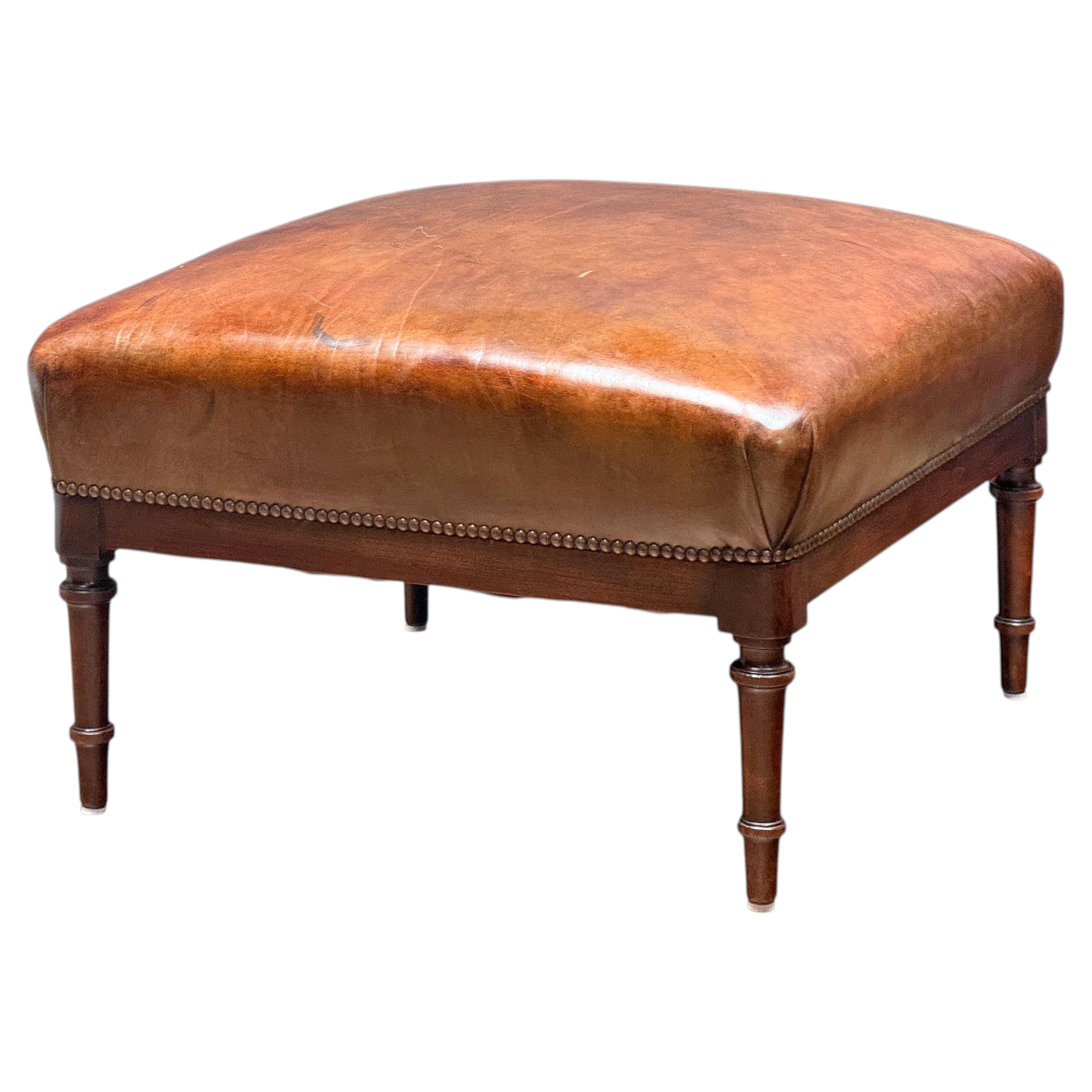 French Leather Ottoman Seat or Stool on Turned Walnut Frame For Sale