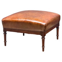 French Leather Ottoman Seat or Stool on Turned Walnut Frame