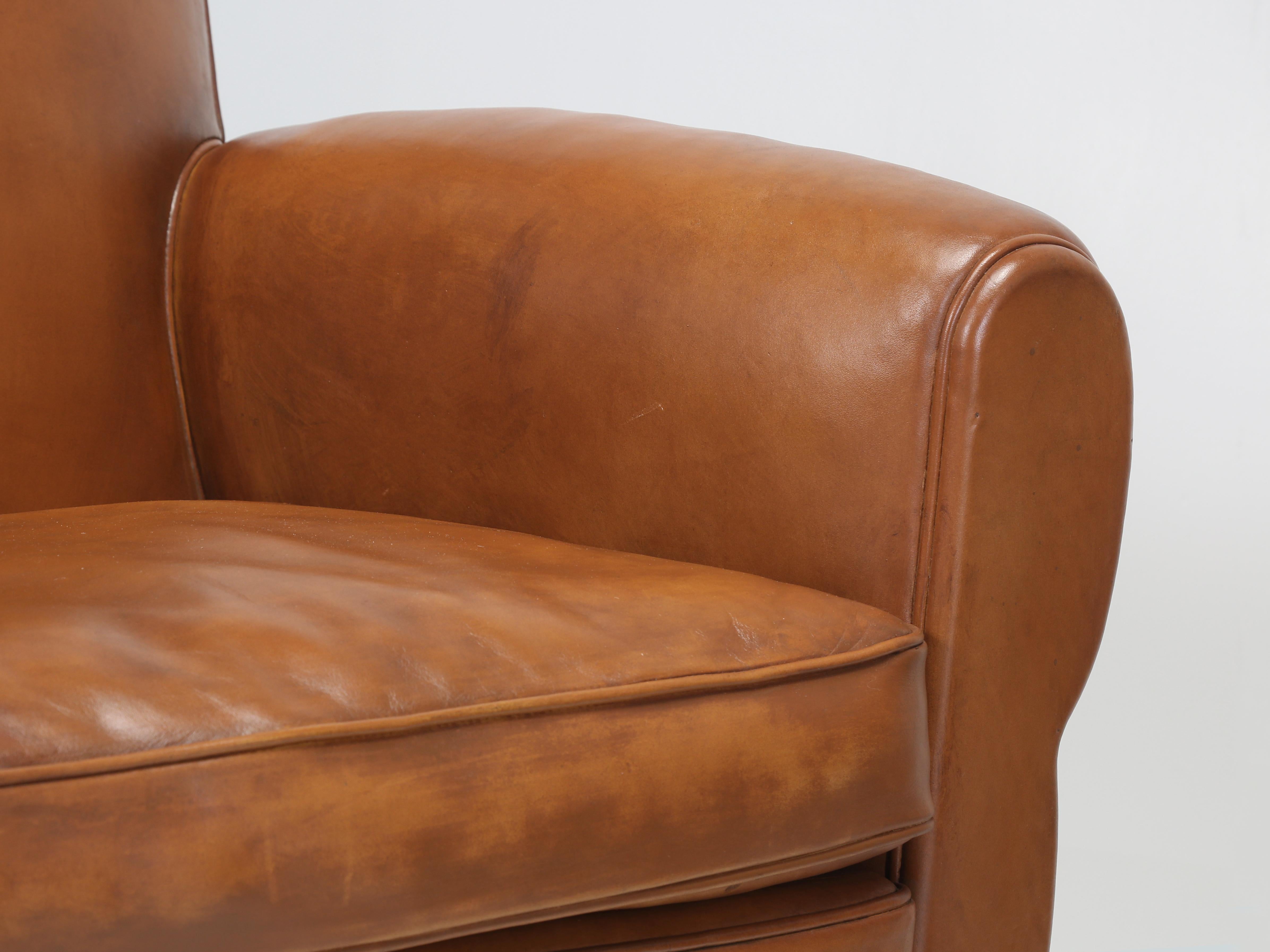 French Leather Pair Moustache Club Chairs Properly Restored Top to Bottom c1930s 5