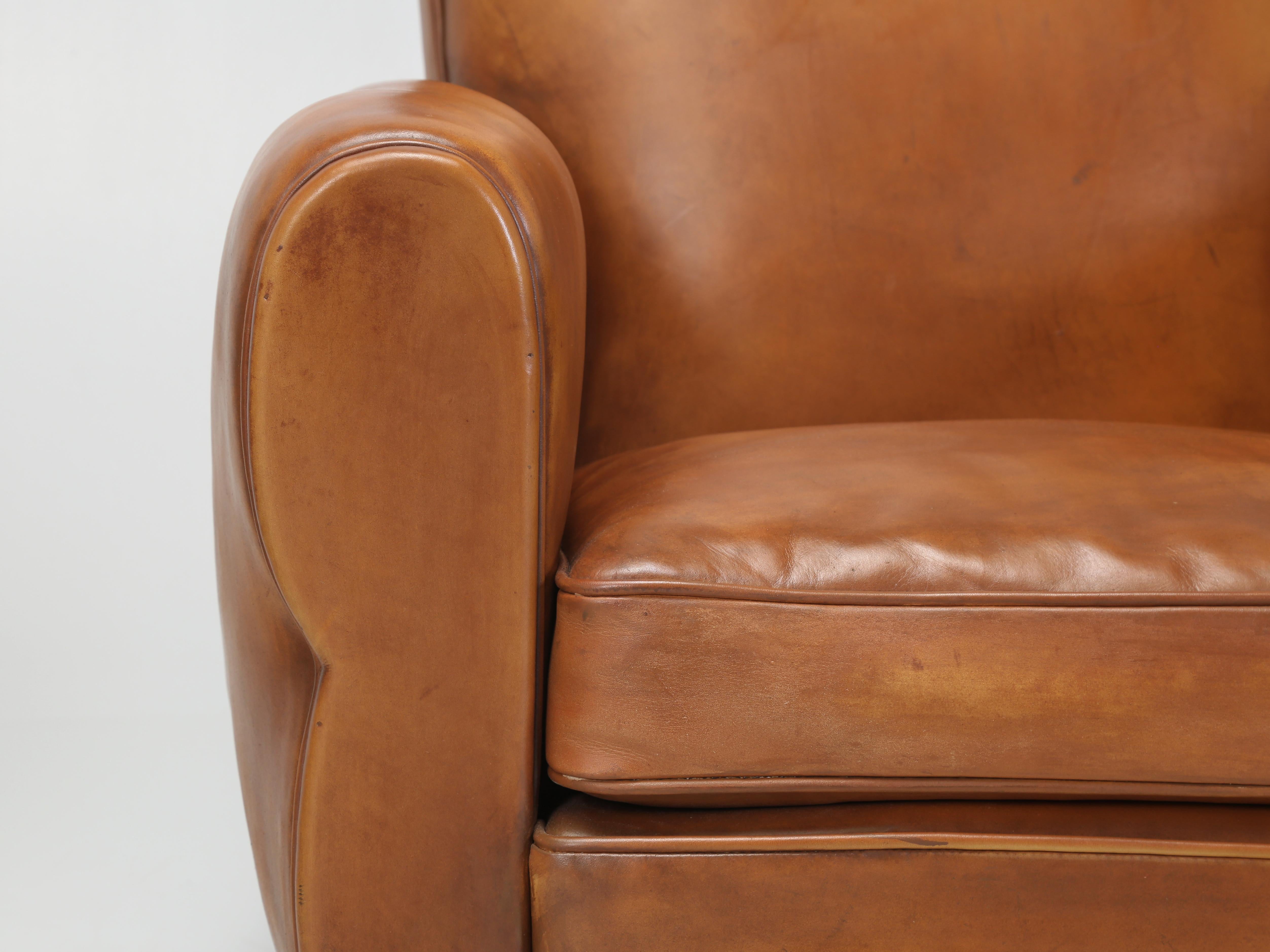 French Leather Pair Moustache Club Chairs Properly Restored Top to Bottom c1930s 6