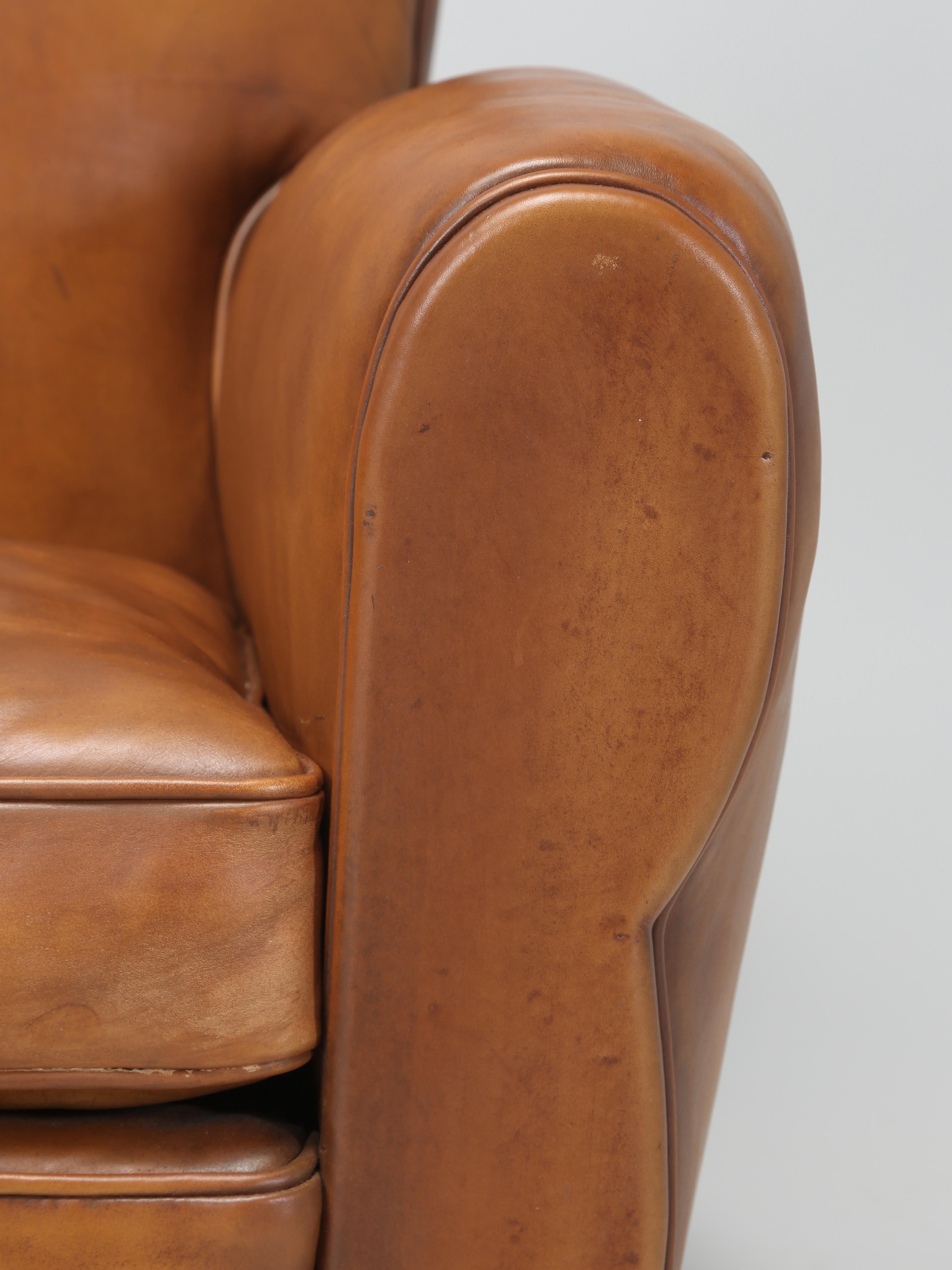 French Leather Pair Moustache Club Chairs Properly Restored Top to Bottom c1930s 7