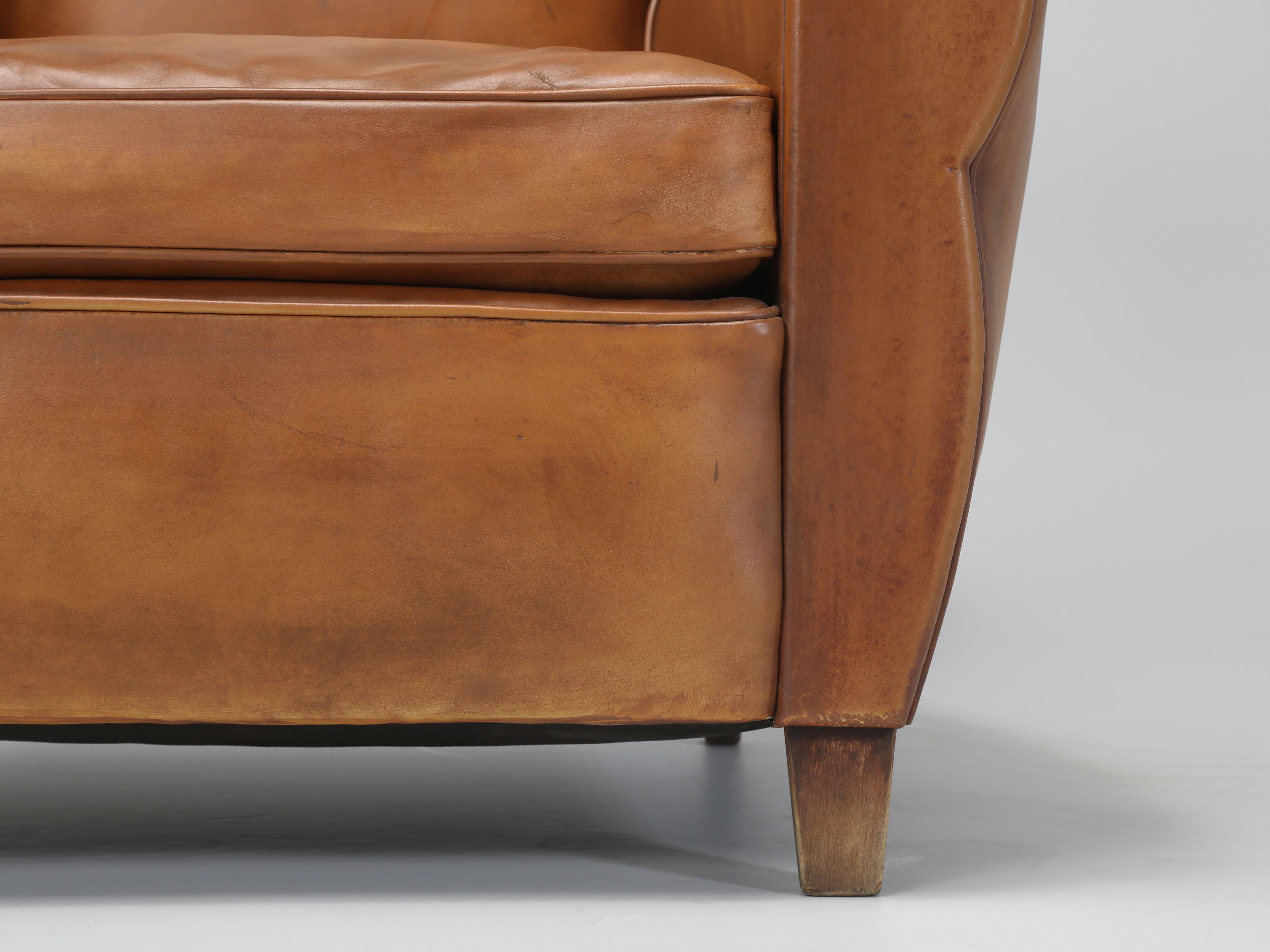 French Leather Pair Moustache Club Chairs Properly Restored Top to Bottom c1930s 8