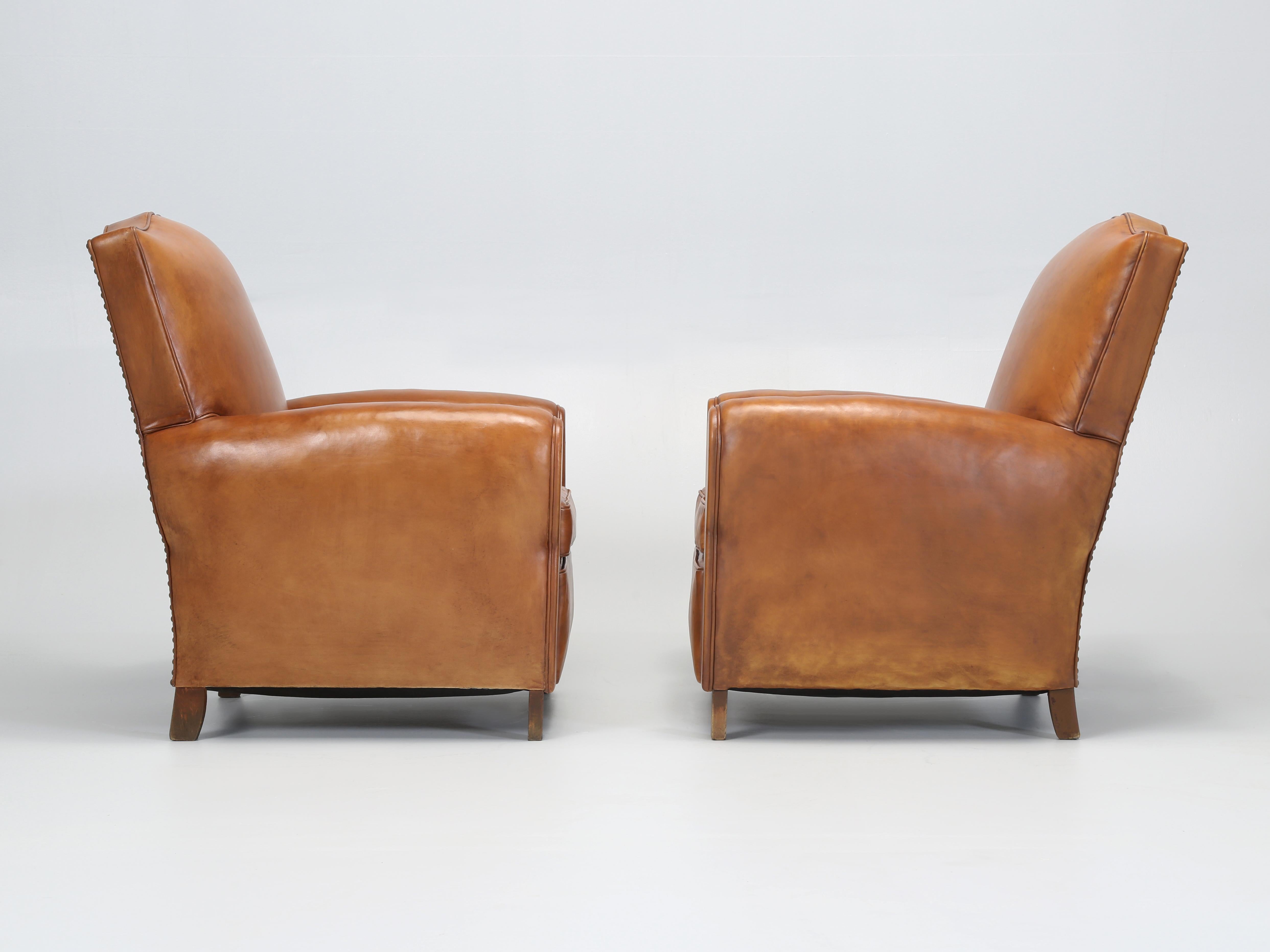 French Leather Pair Moustache Club Chairs Properly Restored Top to Bottom c1930s 9