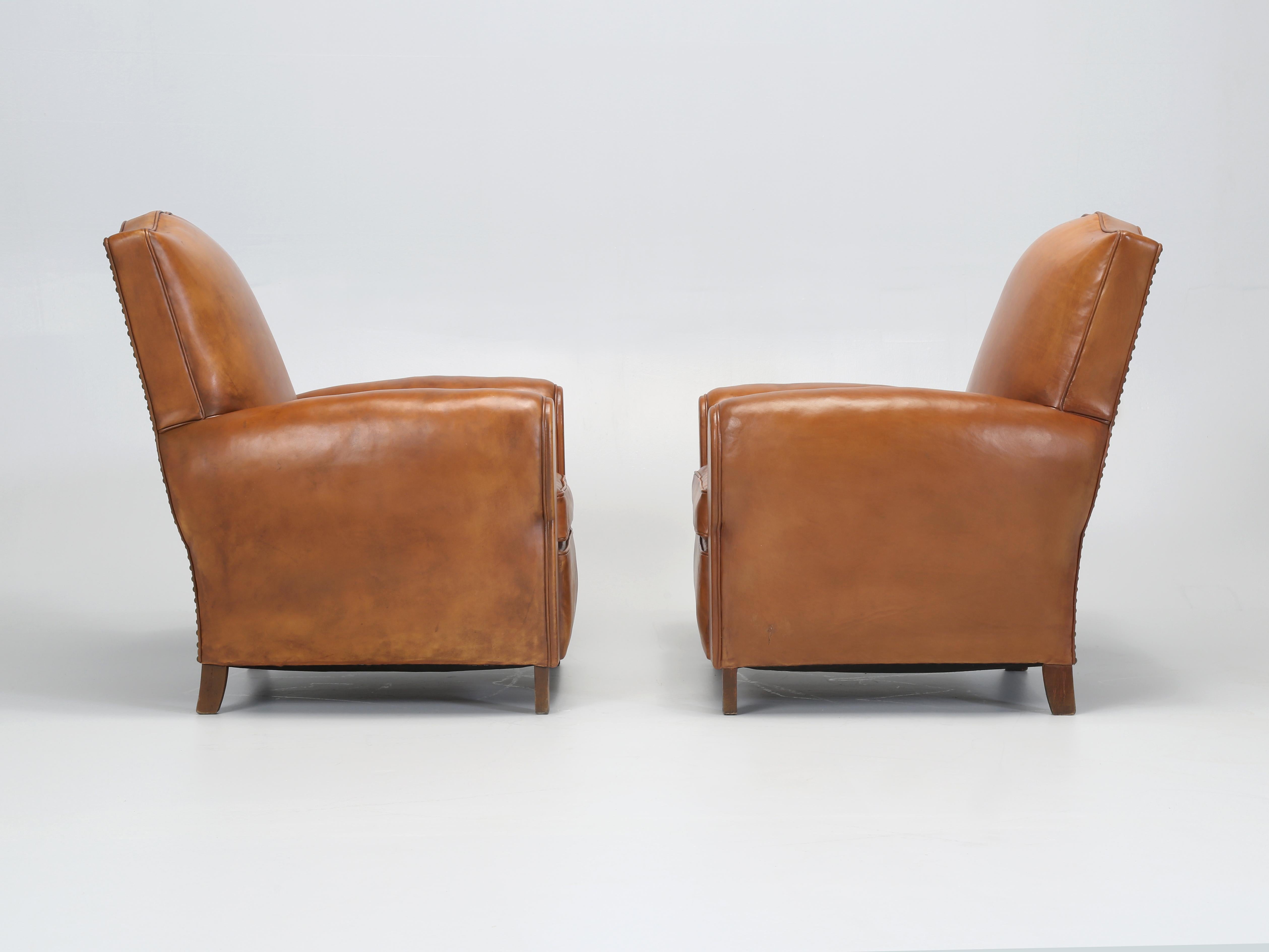 French Leather Pair Moustache Club Chairs Properly Restored Top to Bottom c1930s 10