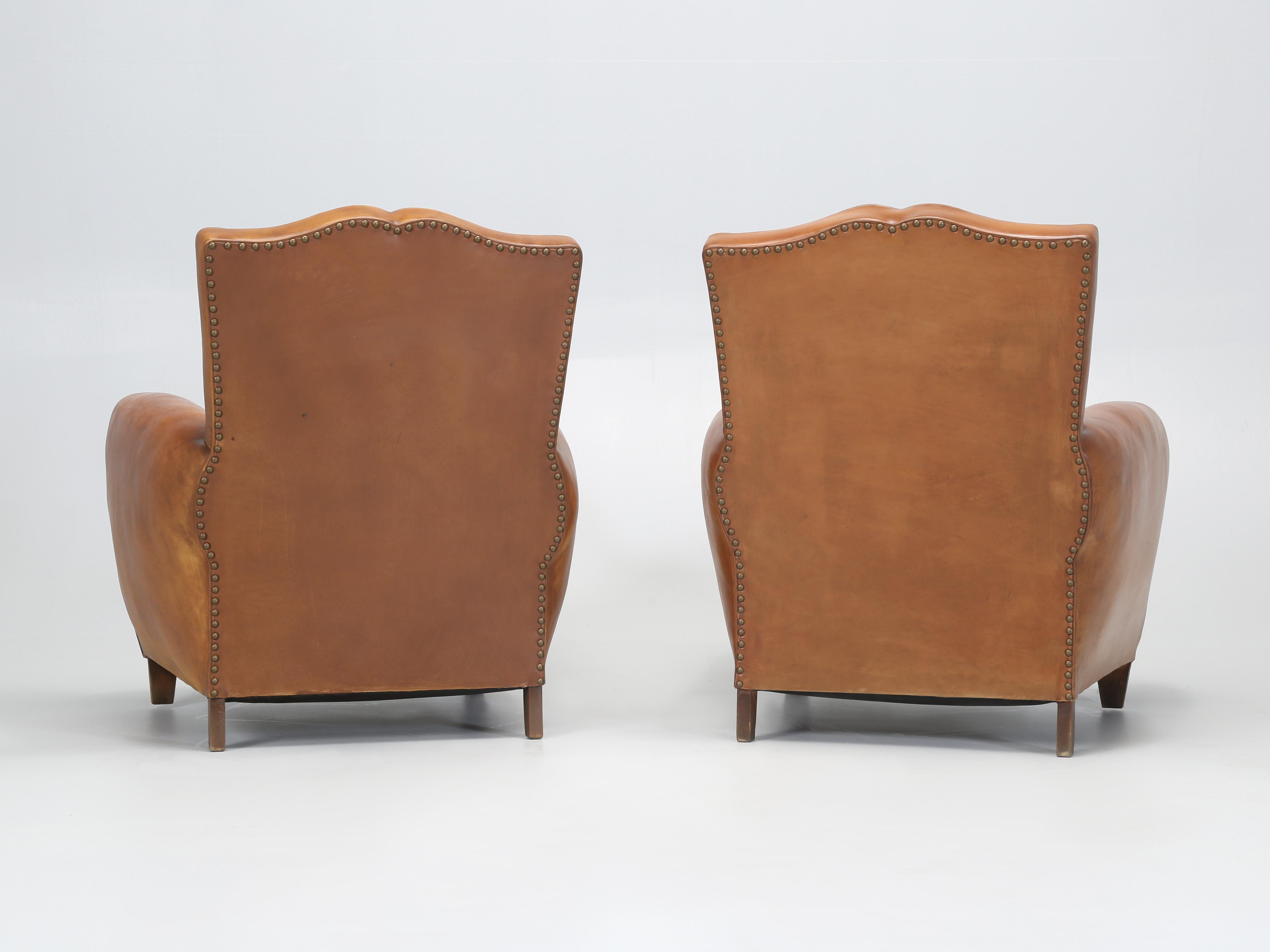 French Leather Pair Moustache Club Chairs Properly Restored Top to Bottom c1930s 11