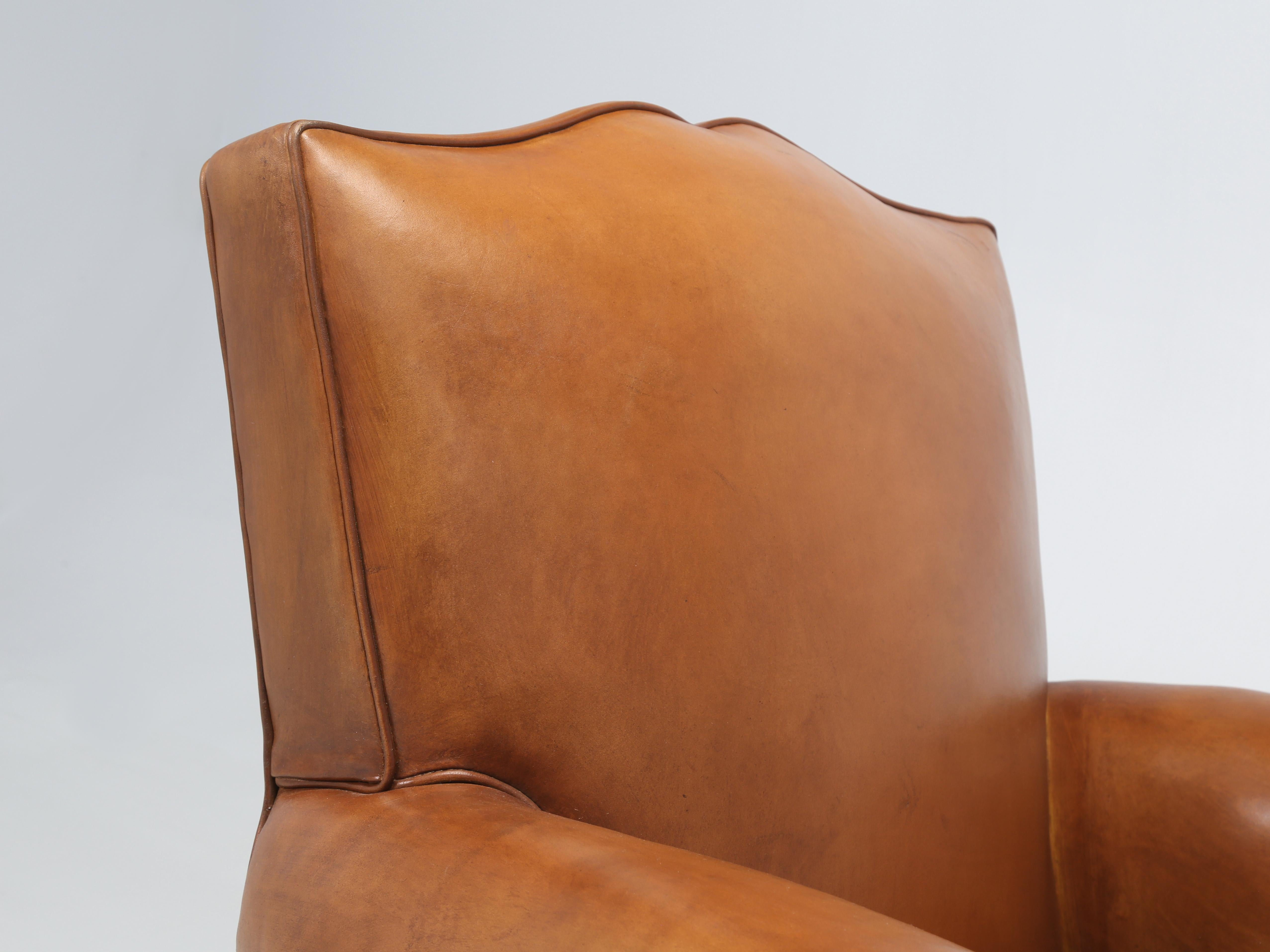 Art Deco French Leather Pair Moustache Club Chairs Properly Restored Top to Bottom c1930s