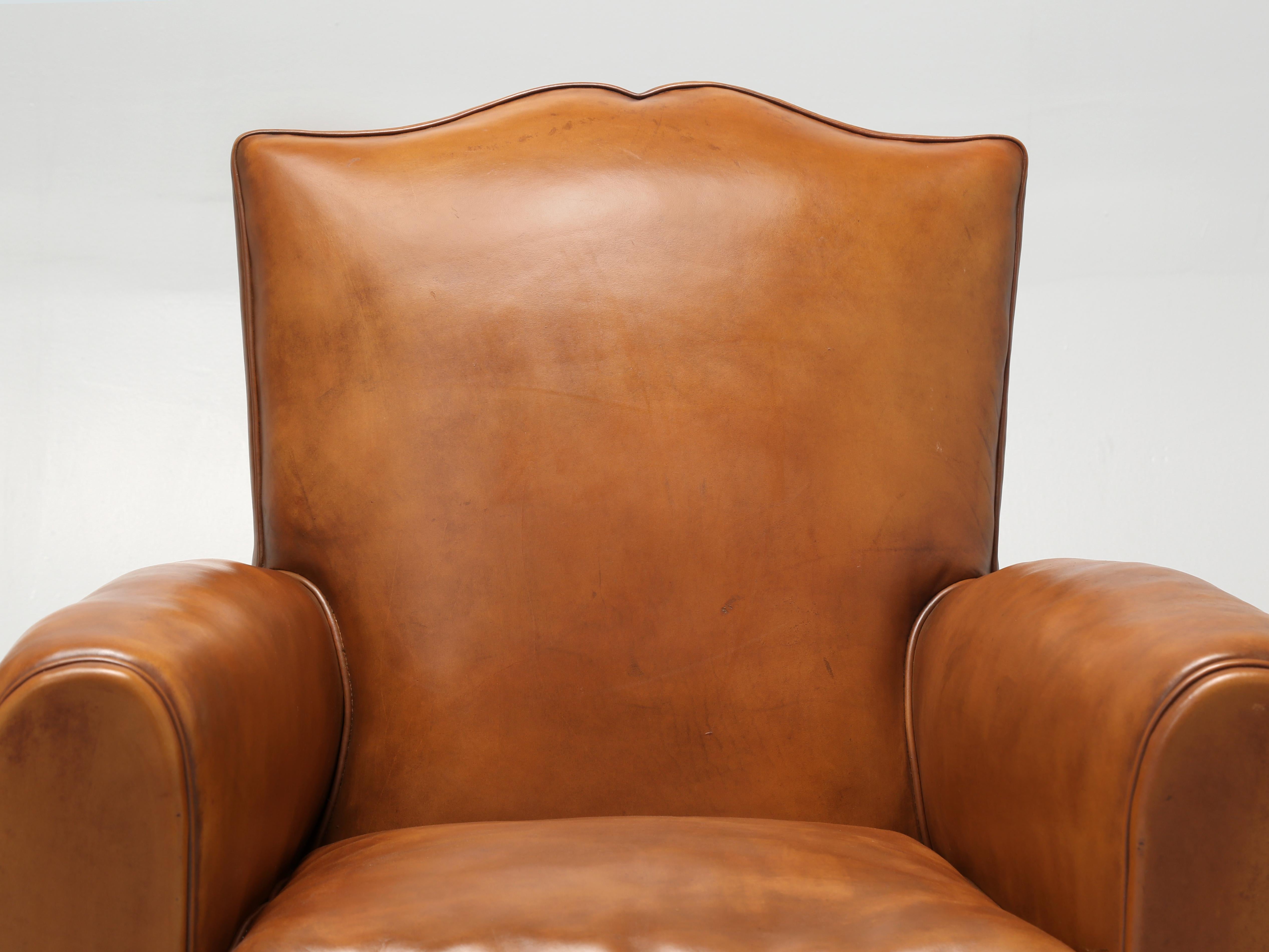 Hand-Crafted French Leather Pair Moustache Club Chairs Properly Restored Top to Bottom c1930s